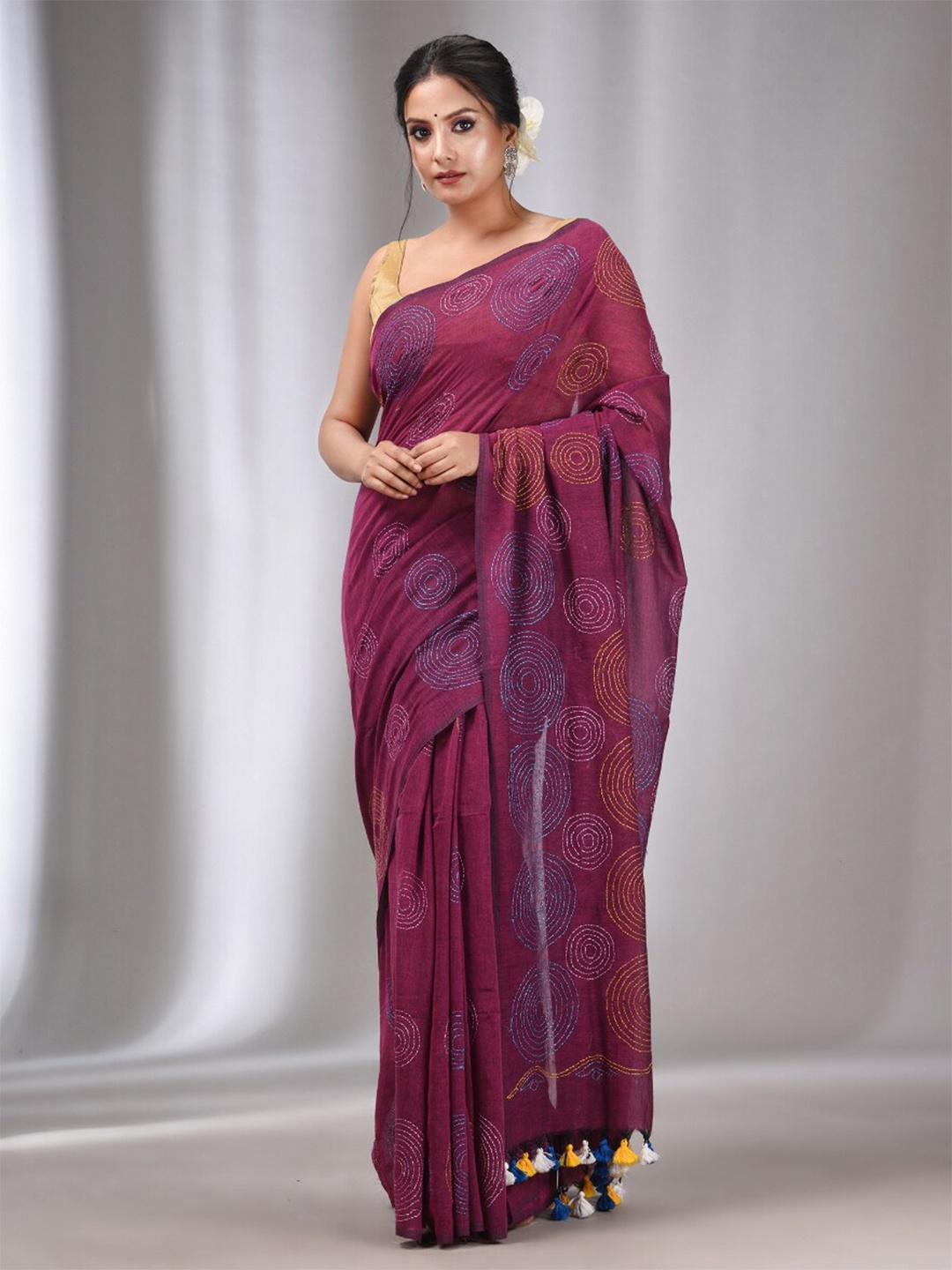 

Charukriti Geometric Embroidered Kantha Work Pure Cotton Saree, Magenta