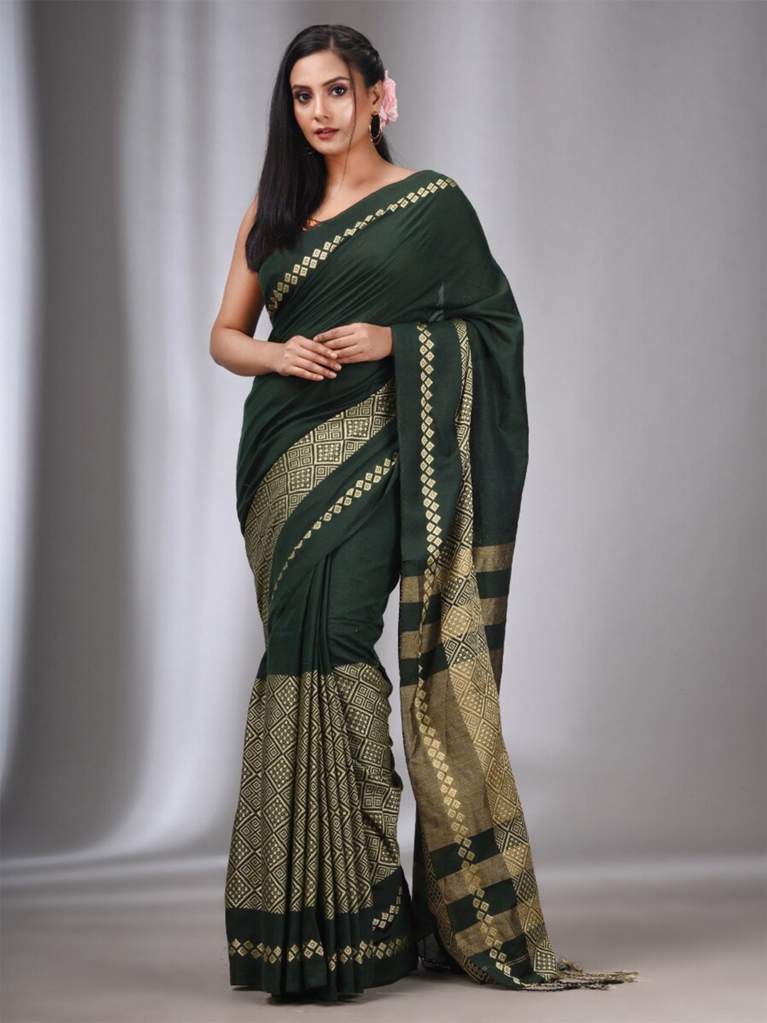 

Charukriti Ethnic Motifs Zari Pure Cotton Saree, Green