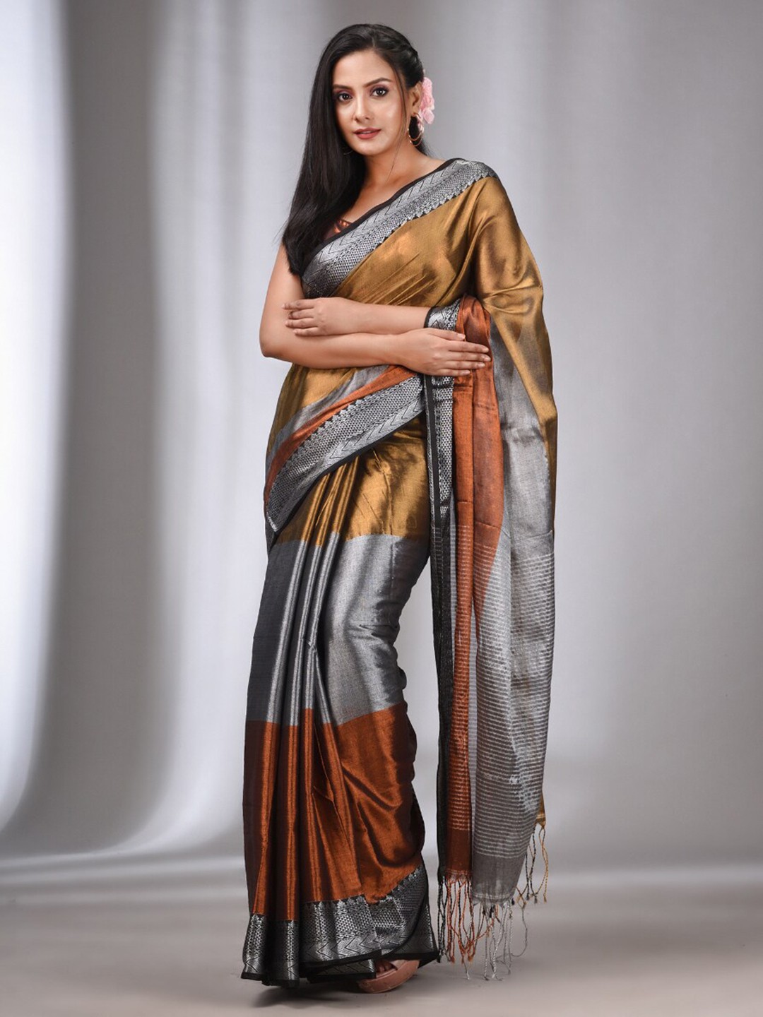 

Charukriti Woven Design Zari Tissue Saree, Grey