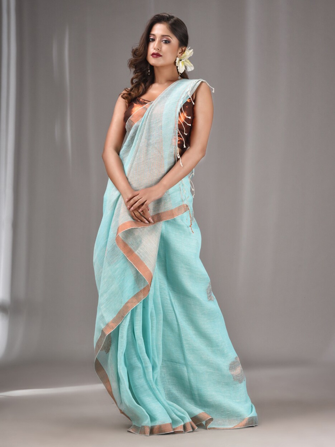 

Charukriti Woven Design Zari Pure Linen Saree, Blue
