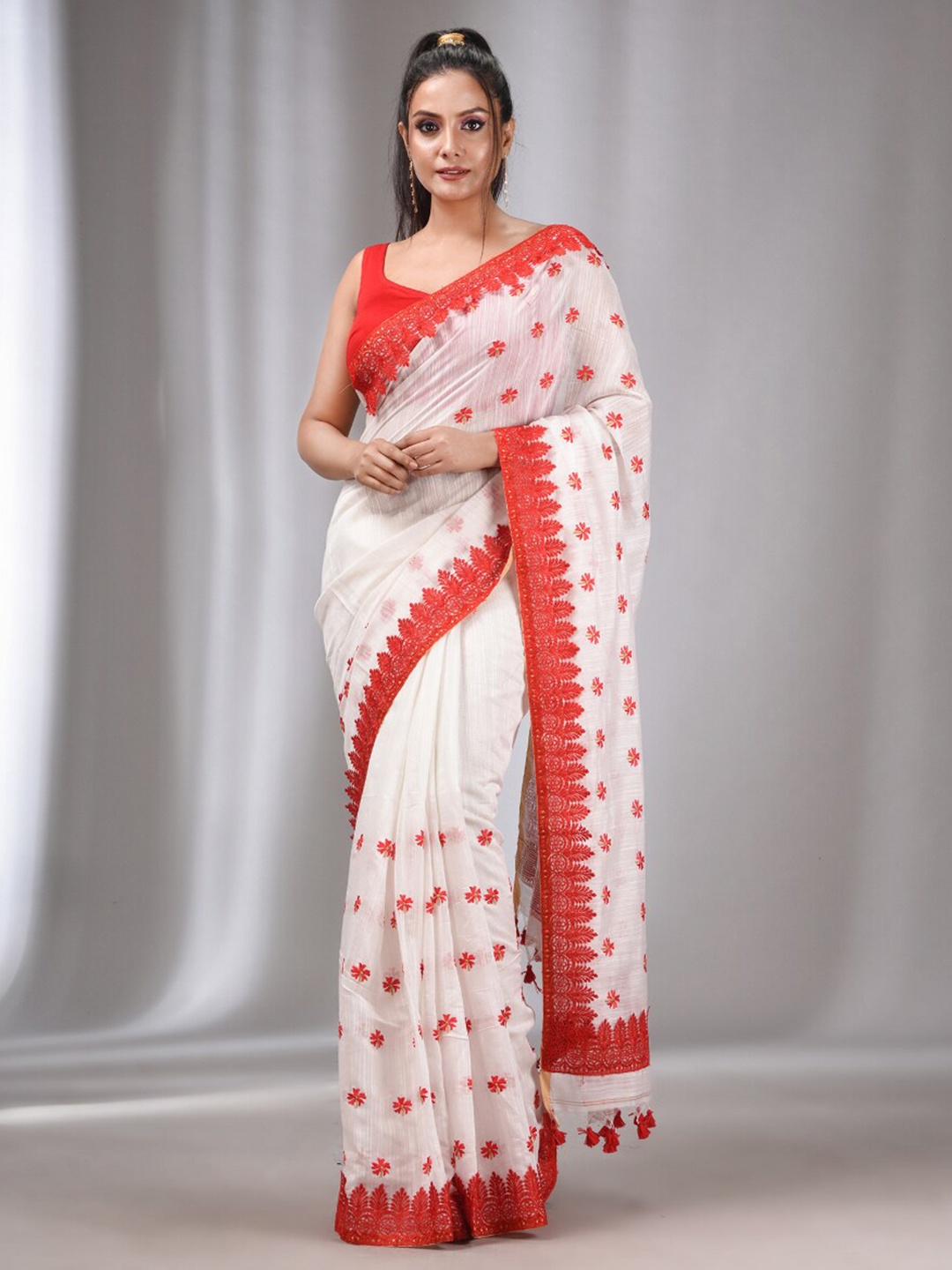 

Charukriti Floral Woven Design Saree, White