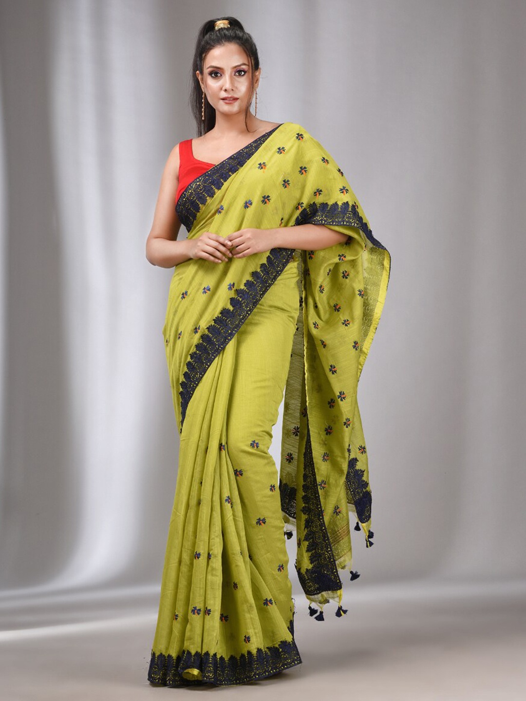 

Charukriti Floral Embroidered Saree, Lime green
