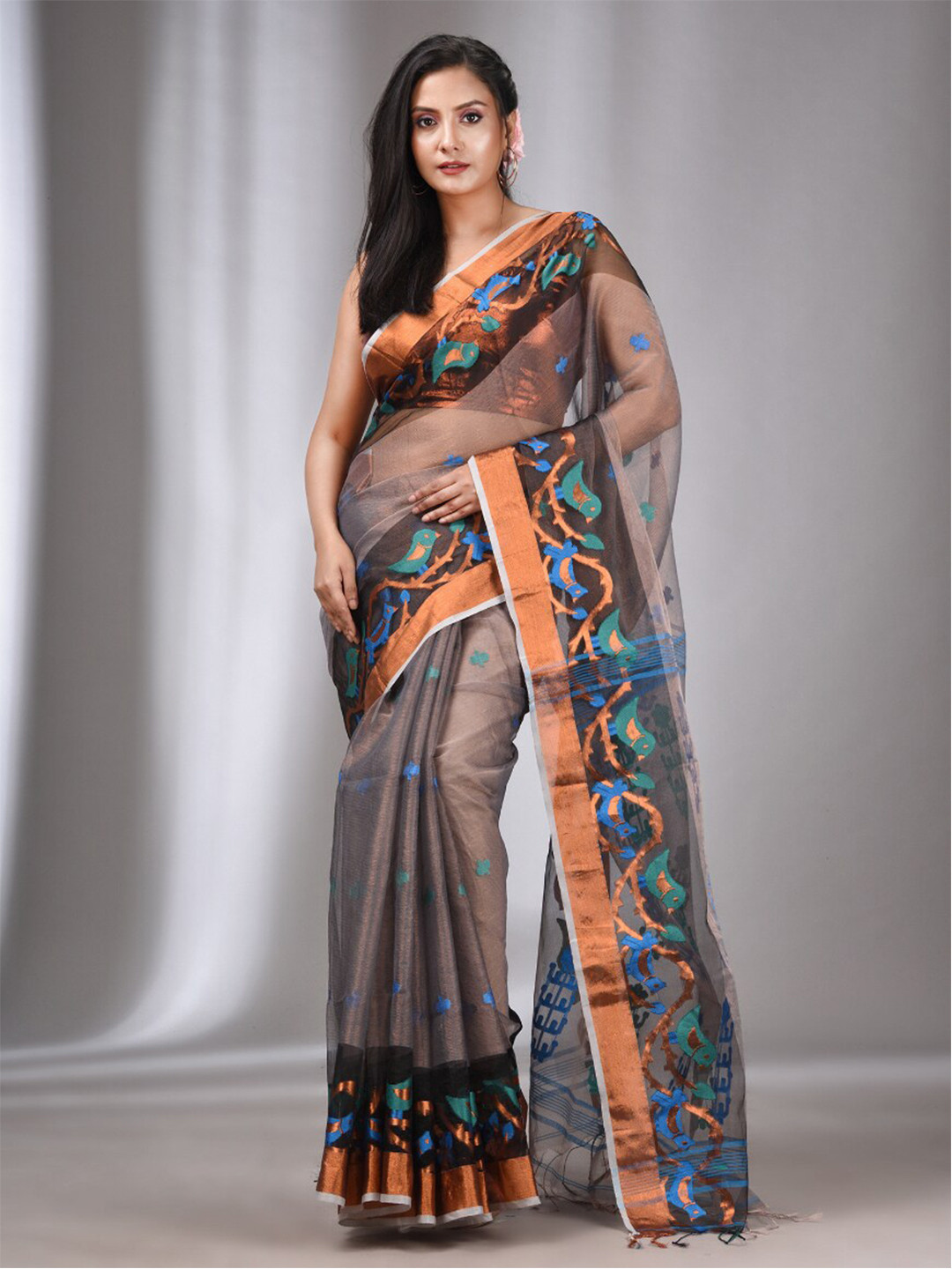

Charukriti Woven Design Zari Tissue Saree, Grey