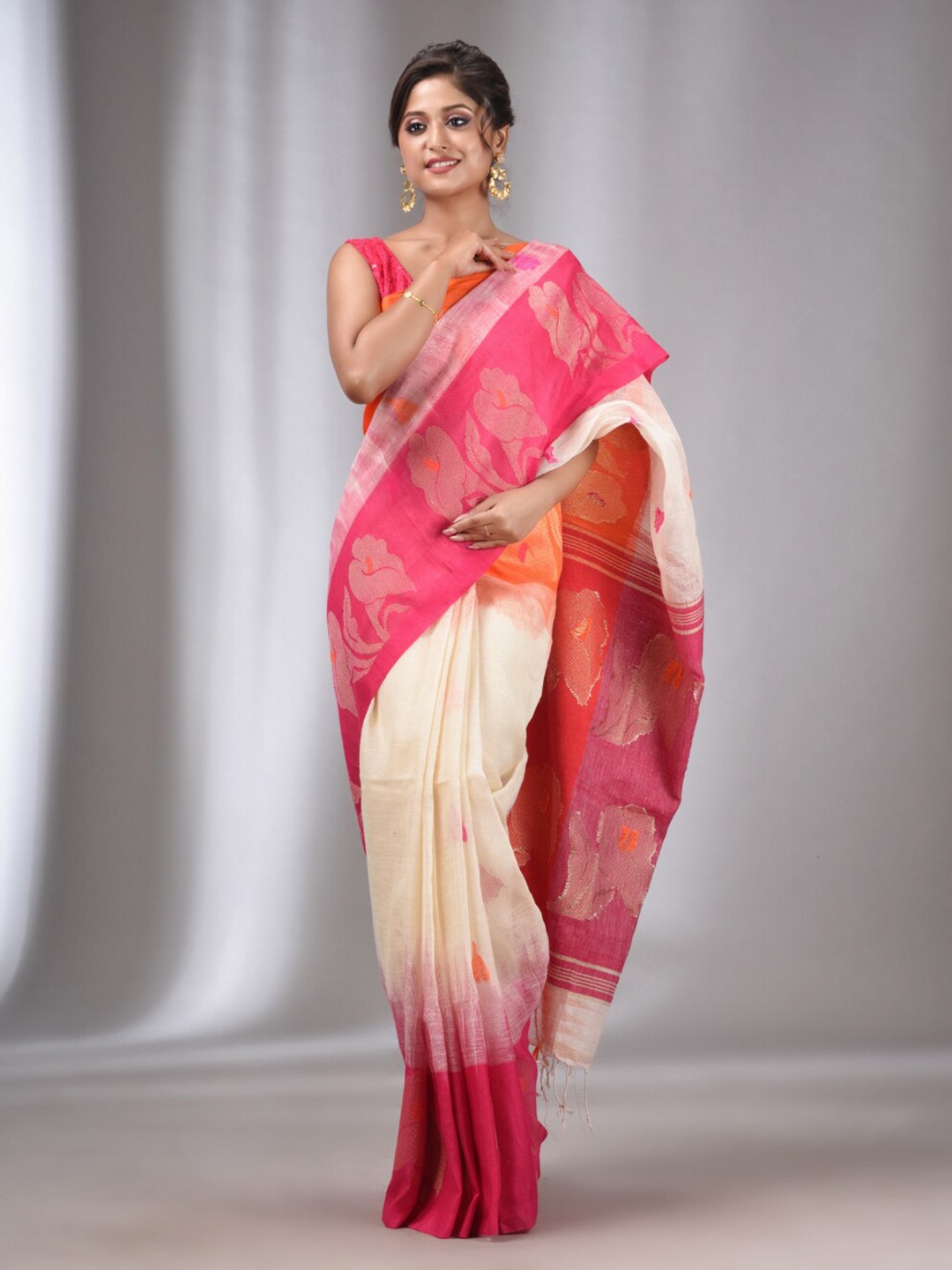 

Charukriti Floral Woven Design Pure Linen Saree, White