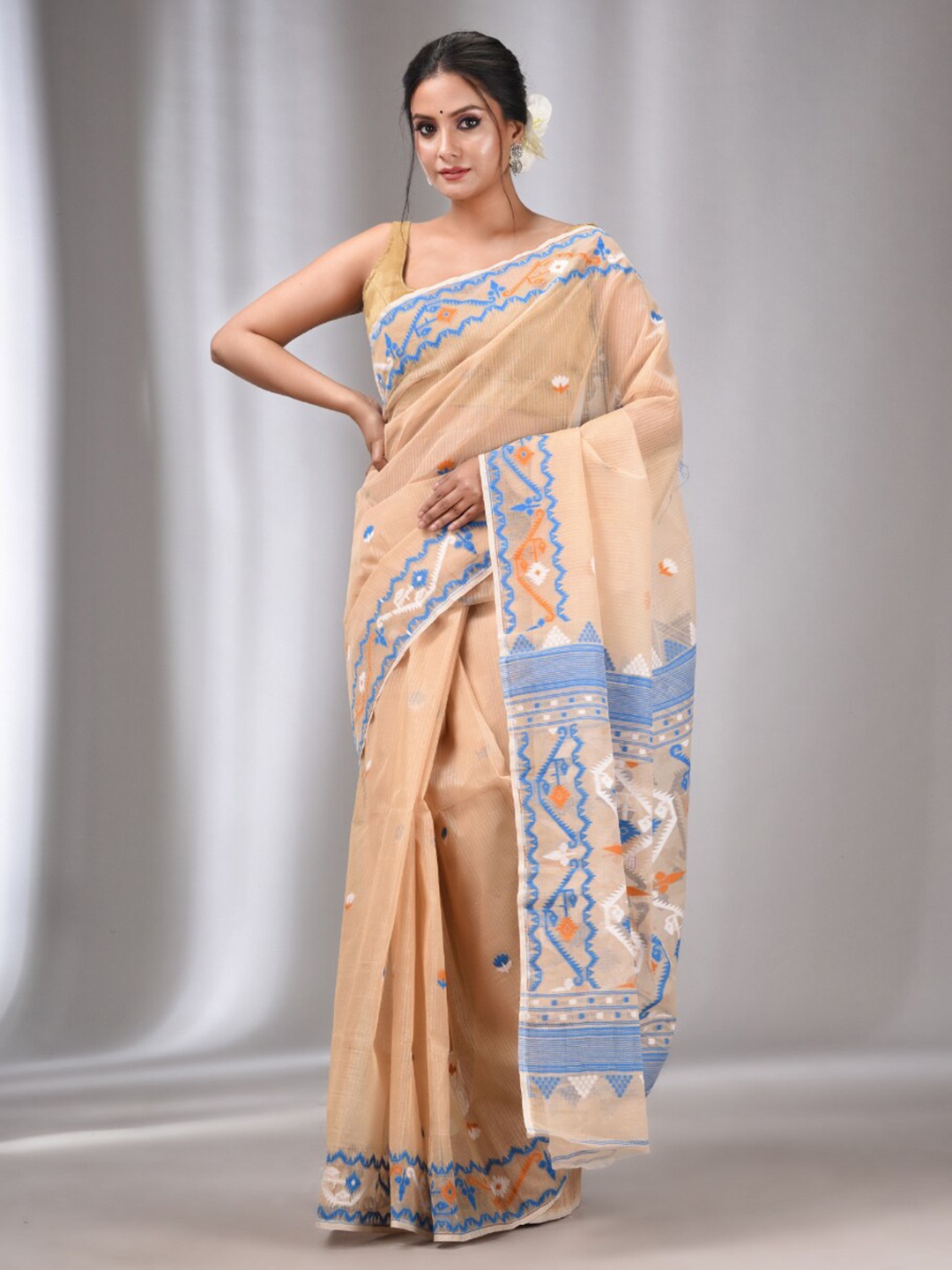 

Charukriti Woven Design Pure Cotton Jamdani Saree, Beige