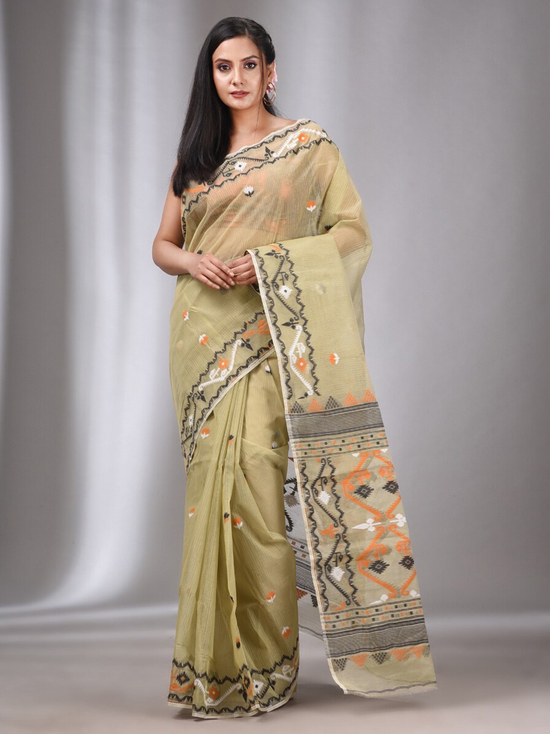 

Charukriti Ethnic Motifs Woven Design Pure Cotton Jamdani Saree, Beige