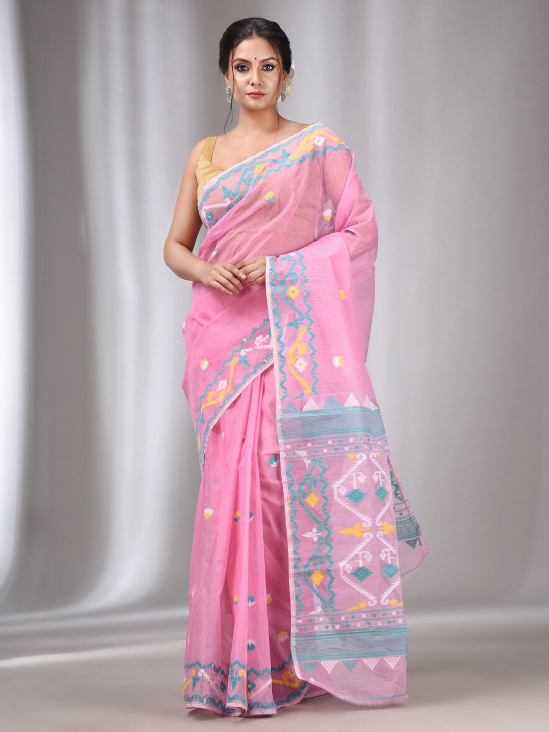 

Charukriti Floral Woven Design Pure Cotton Jamdani Saree, Pink