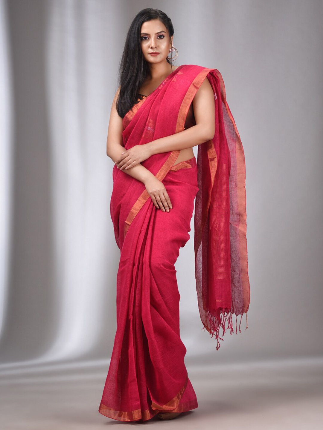 

Charukriti Woven Design Zari Pure Linen Saree, Pink