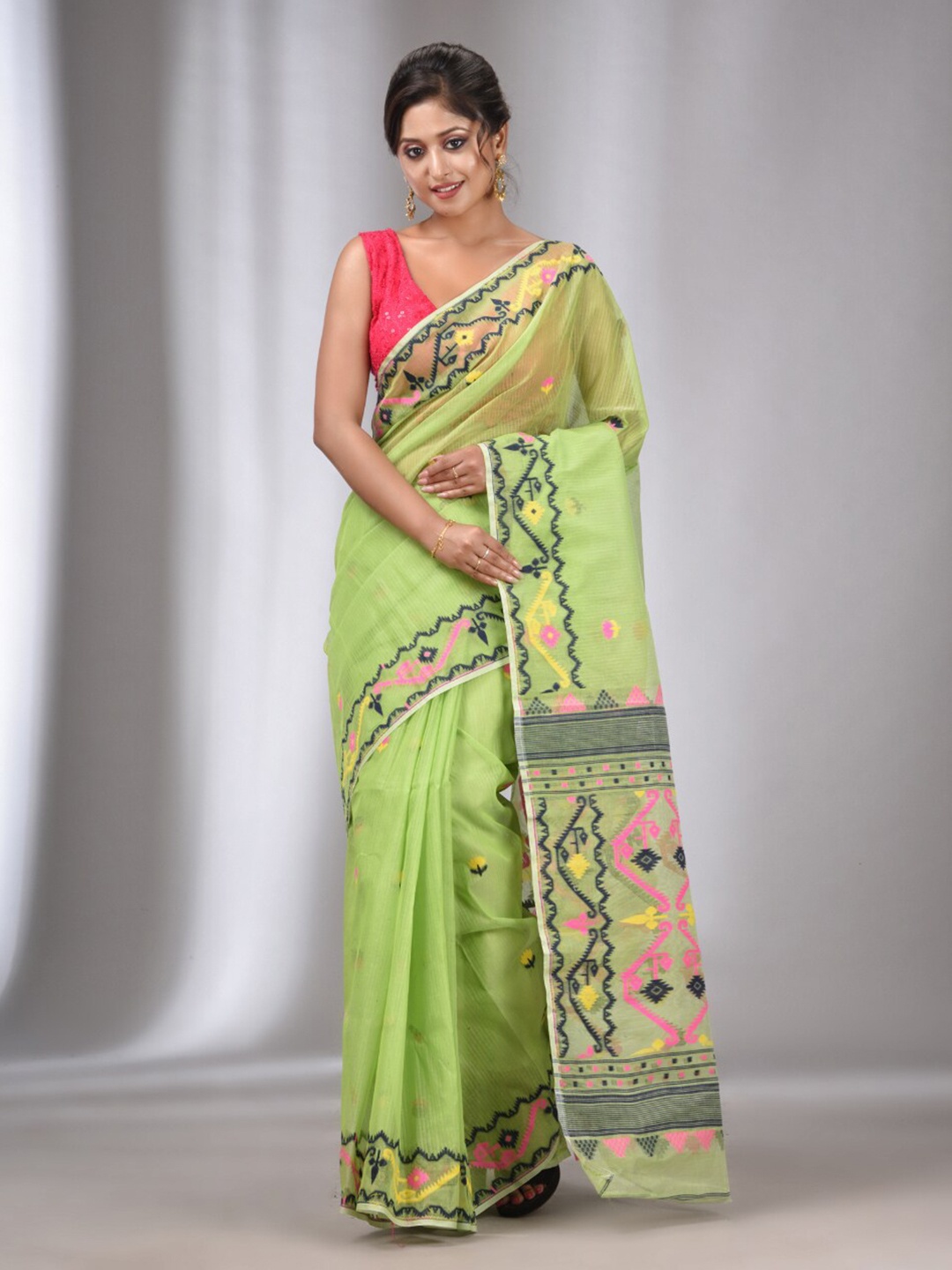 

Charukriti Ethnic Motifs Woven Design Pure Cotton Jamdani Saree, Green