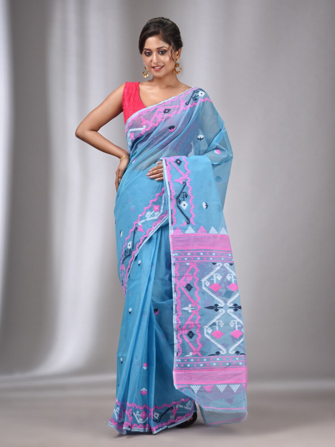 

Charukriti Woven Design Pure Cotton Jamdani Saree, Blue