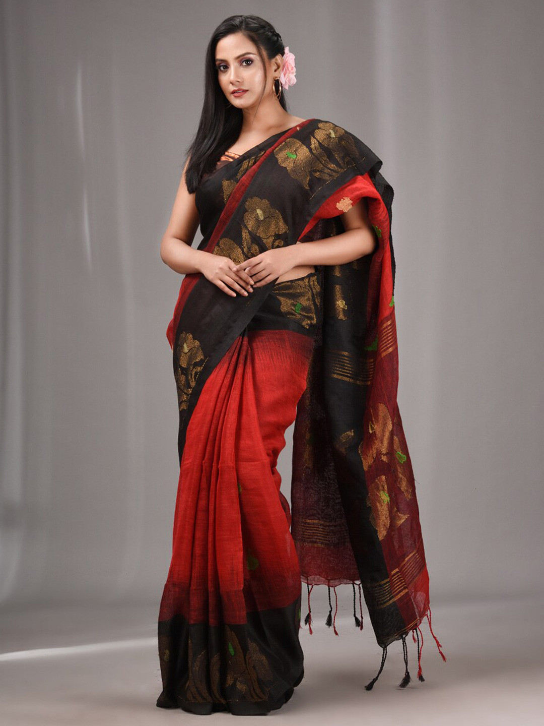 

Charukriti Floral Woven Design Zari Pure Linen Saree, Red