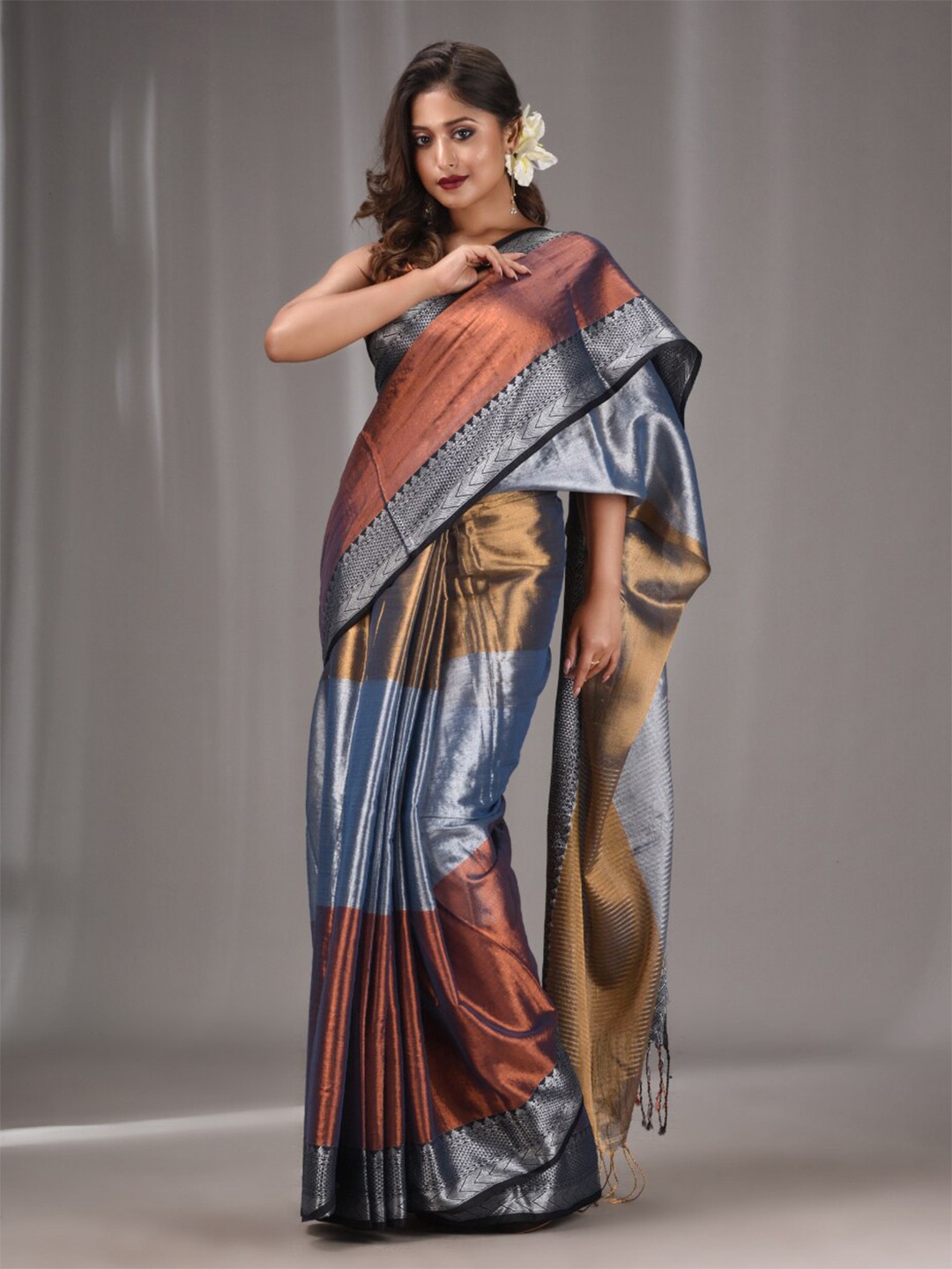 

Charukriti Woven Design Zari Tissue Saree, Grey