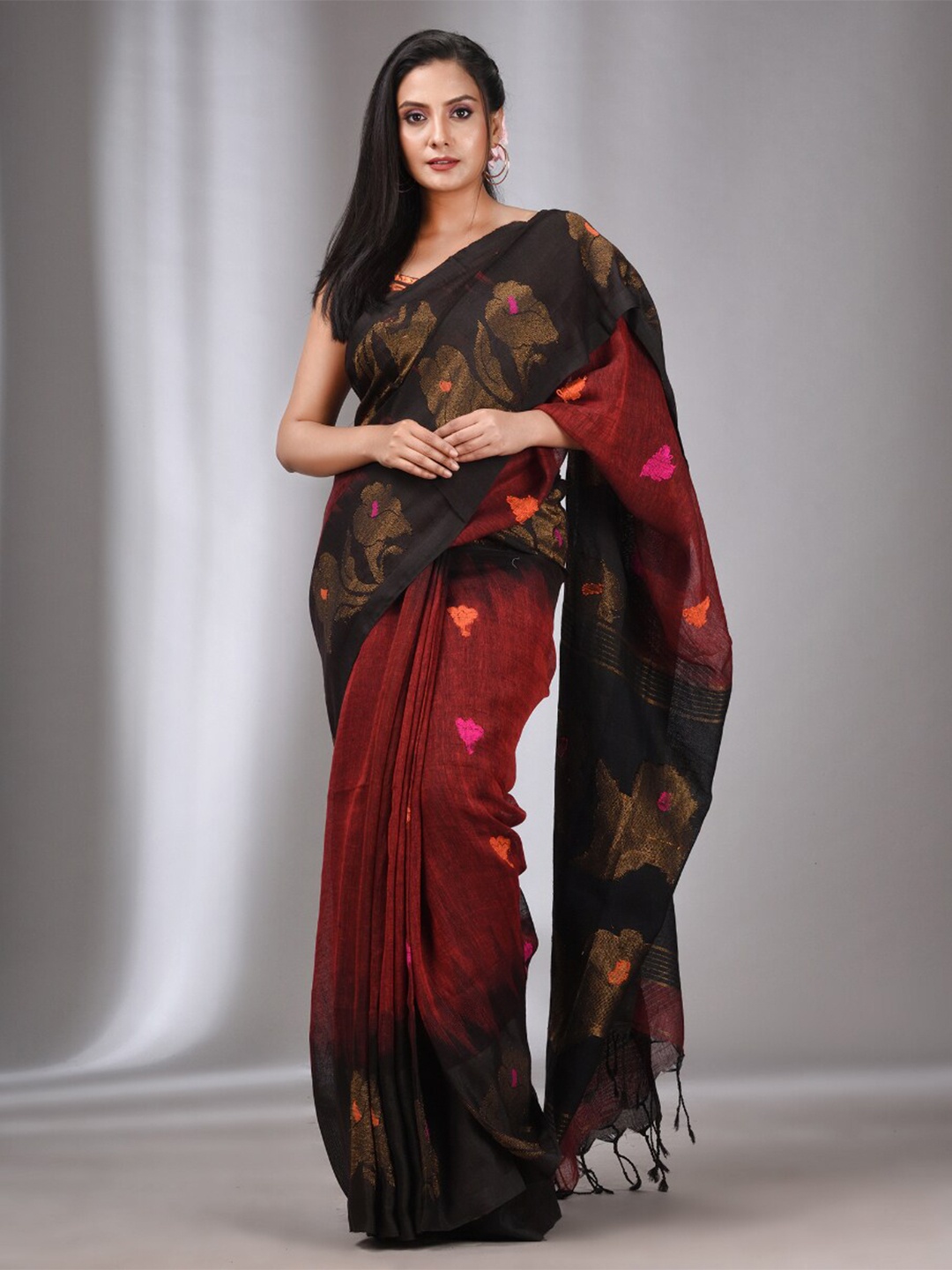 

Charukriti Woven Design Zari Pure Linen Saree, Red