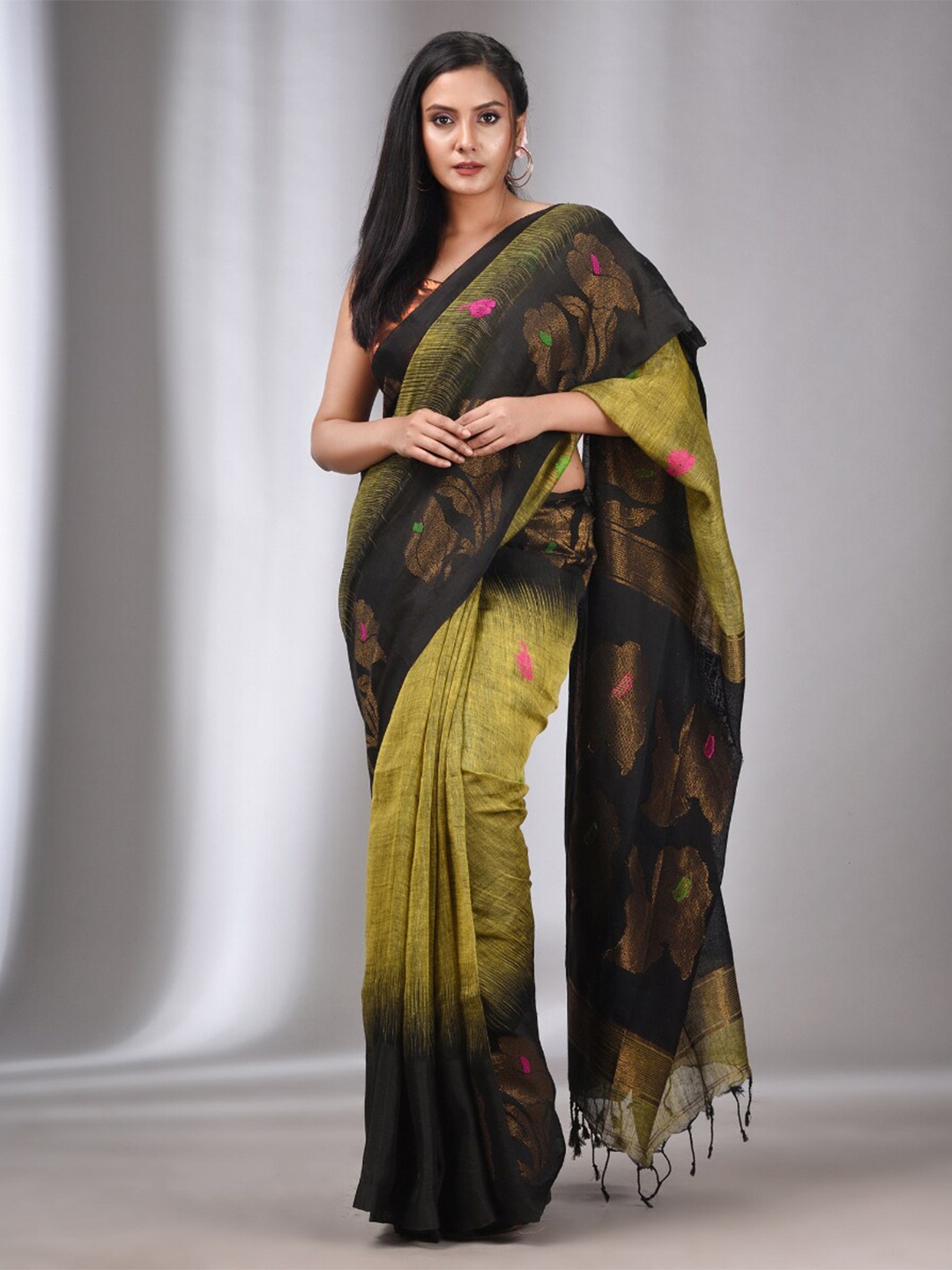 

Charukriti Woven Design Pure Linen Saree, Mustard
