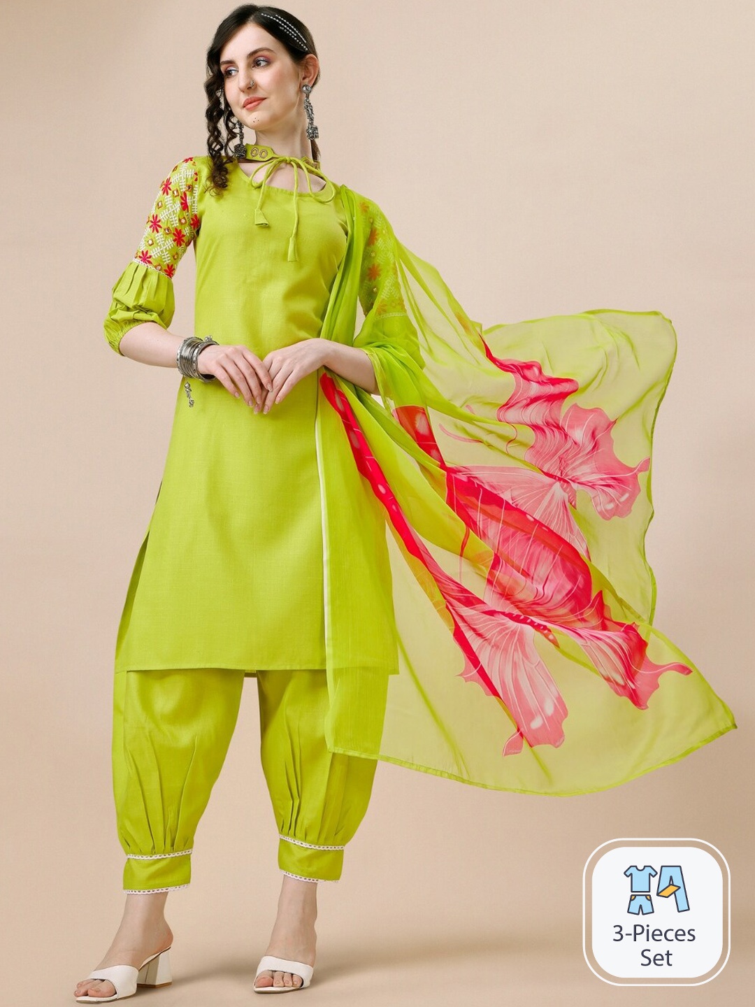 

Sangria Tie-Up Neck Mirror Work Kurta & Salwar With Dupatta, Lime green