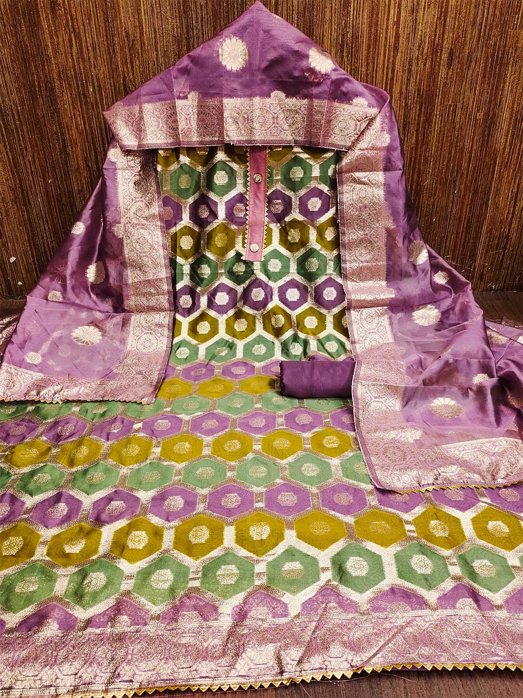 

KALINI Ethnic Motifs Woven Design Organza Unstitched Dress Material, Purple