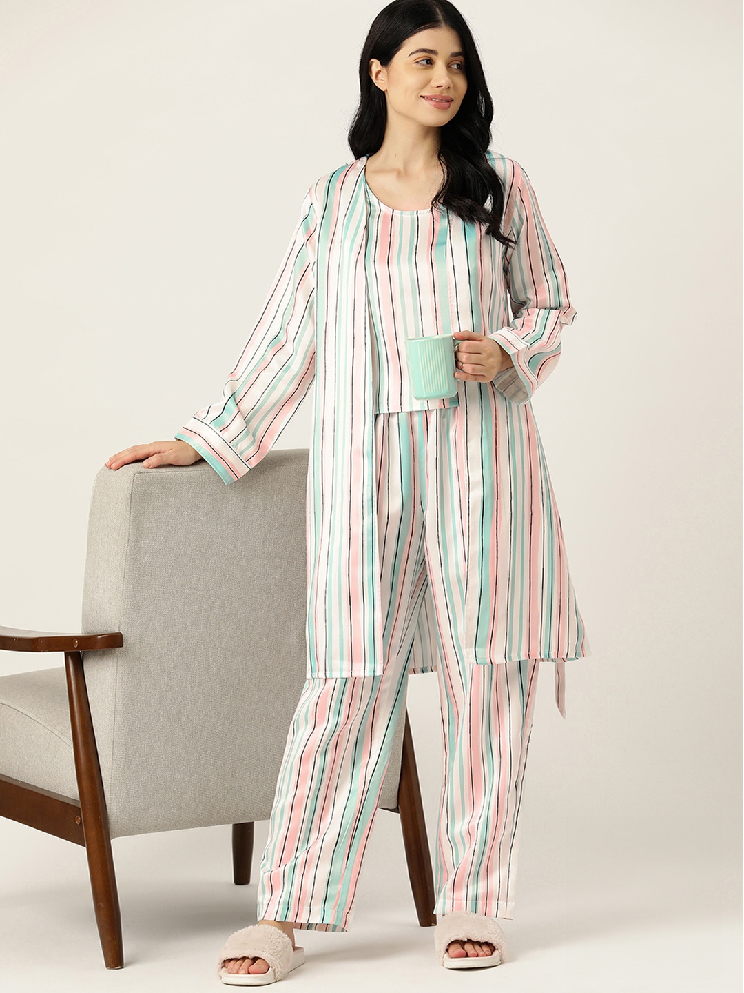 

ETC 3 Piece Striped Satin Night Suit, Multi