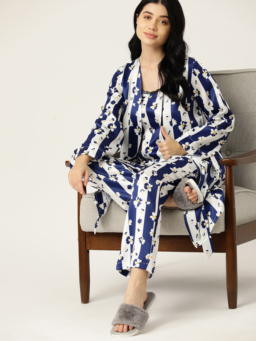 

ETC 3 Piece Printed Satin Night Suit, Navy blue