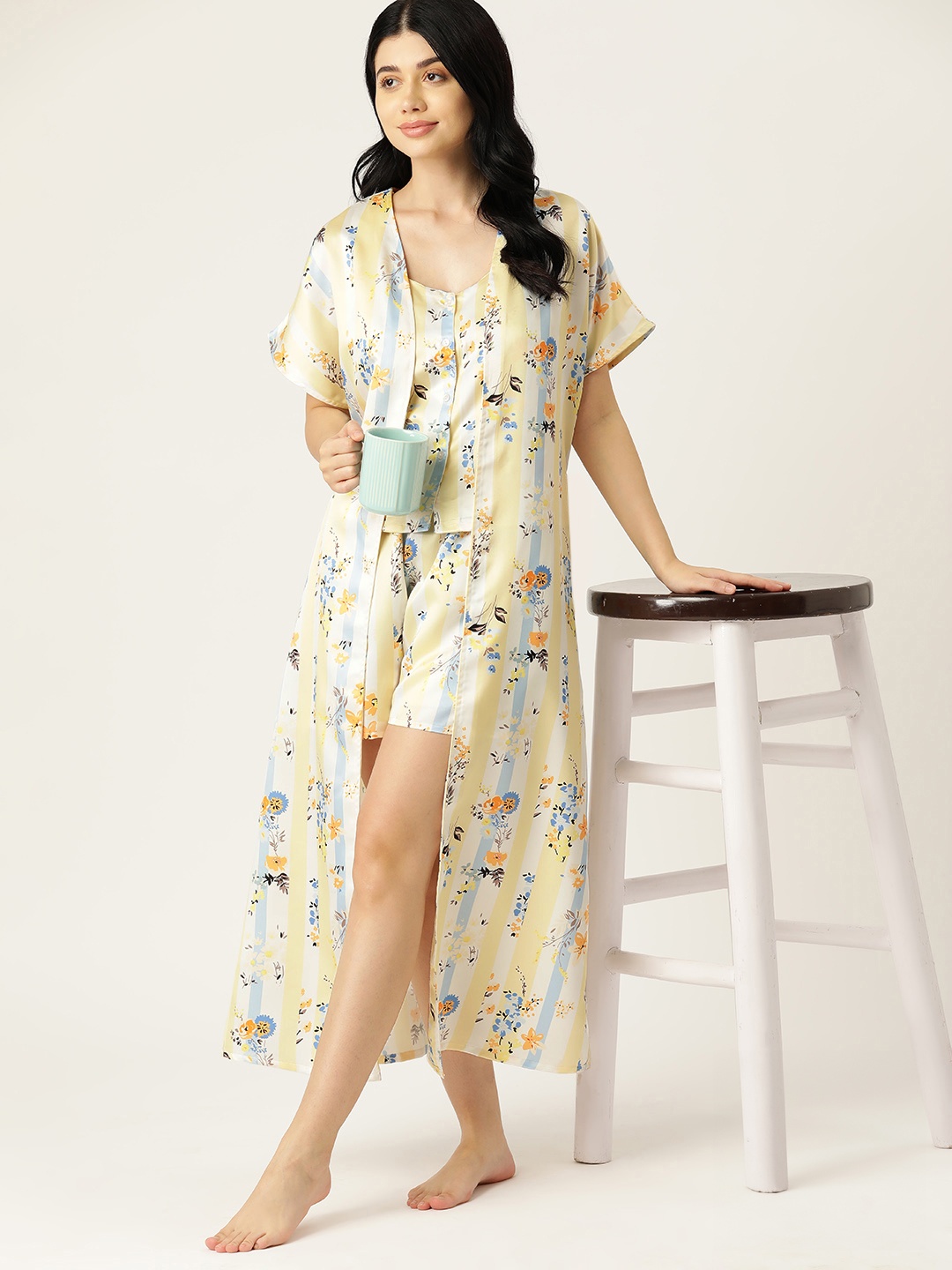 

ETC 3 Piece Floral Printed Satin Night Suit, Yellow