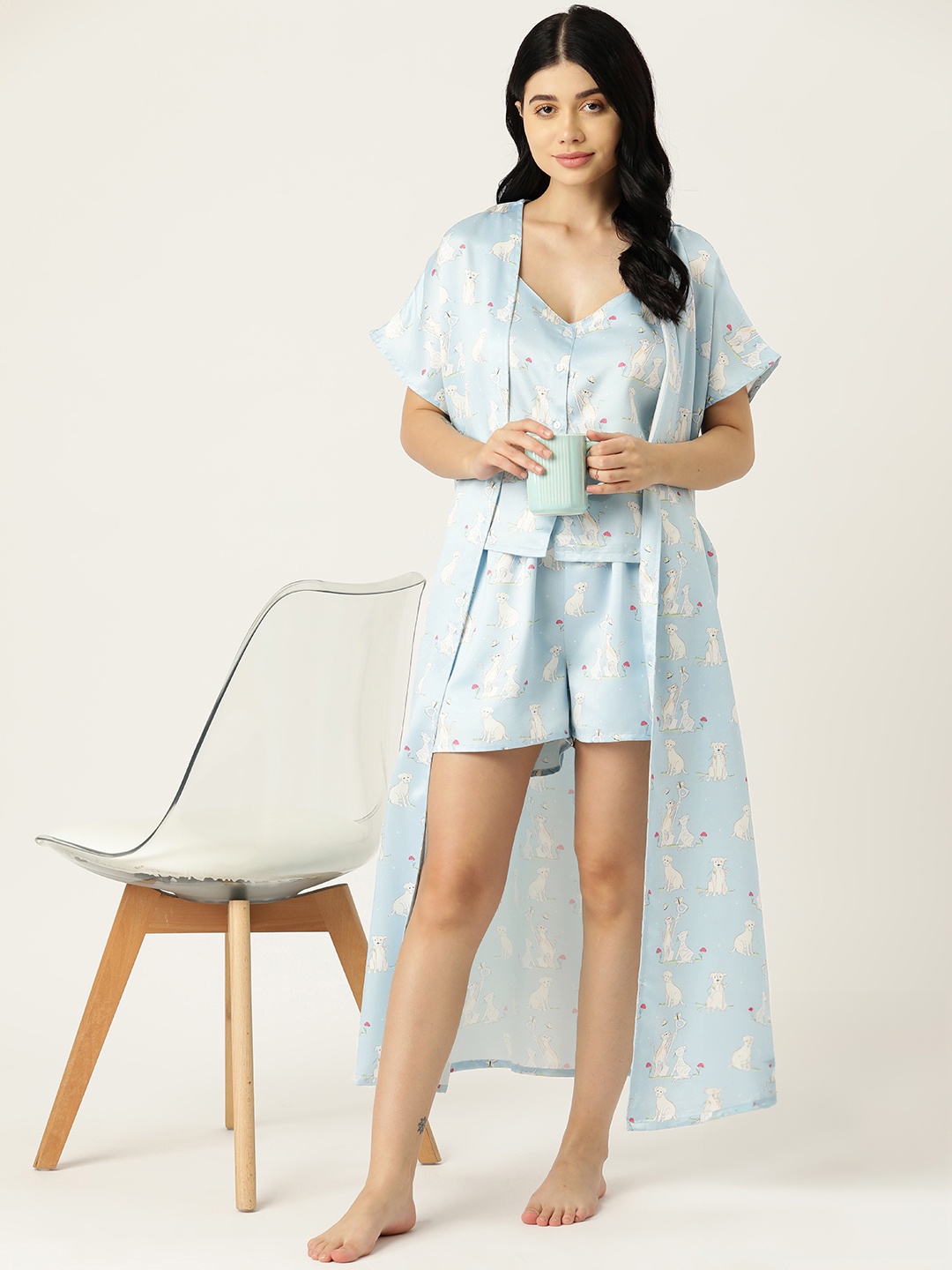 

ETC 3 Piece Conversational Printed Satin Night Suit, Turquoise blue