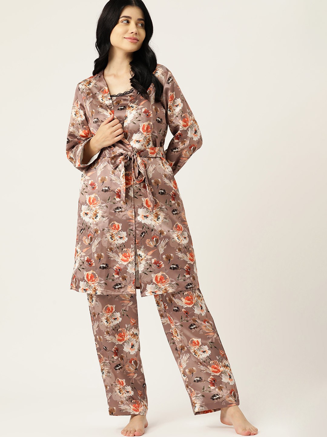 

ETC 3 Piece Floral Printed Satin Night Suit, Brown