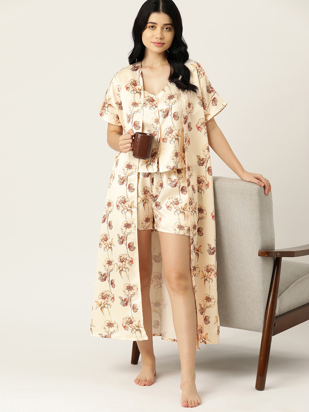 

ETC 3 Piece Floral Printed Satin Night Suit, Beige