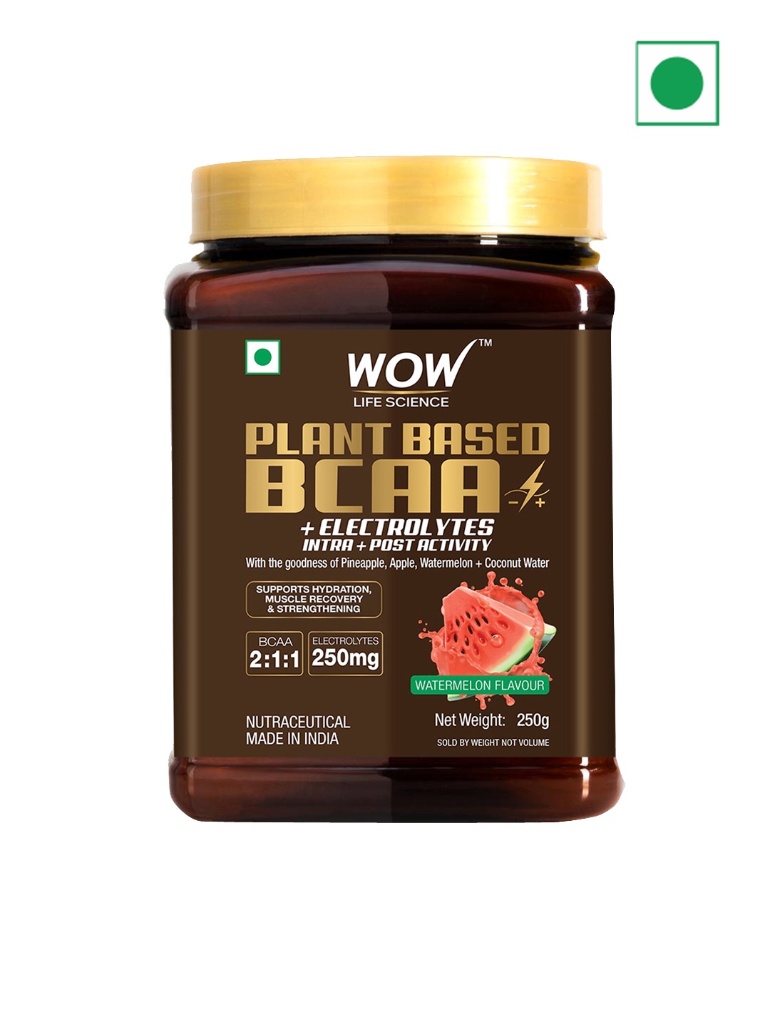 

WOW Life Science Plant Based BCAA + Electrolytes Watermelon Flavour Supplement - 250g, Brown