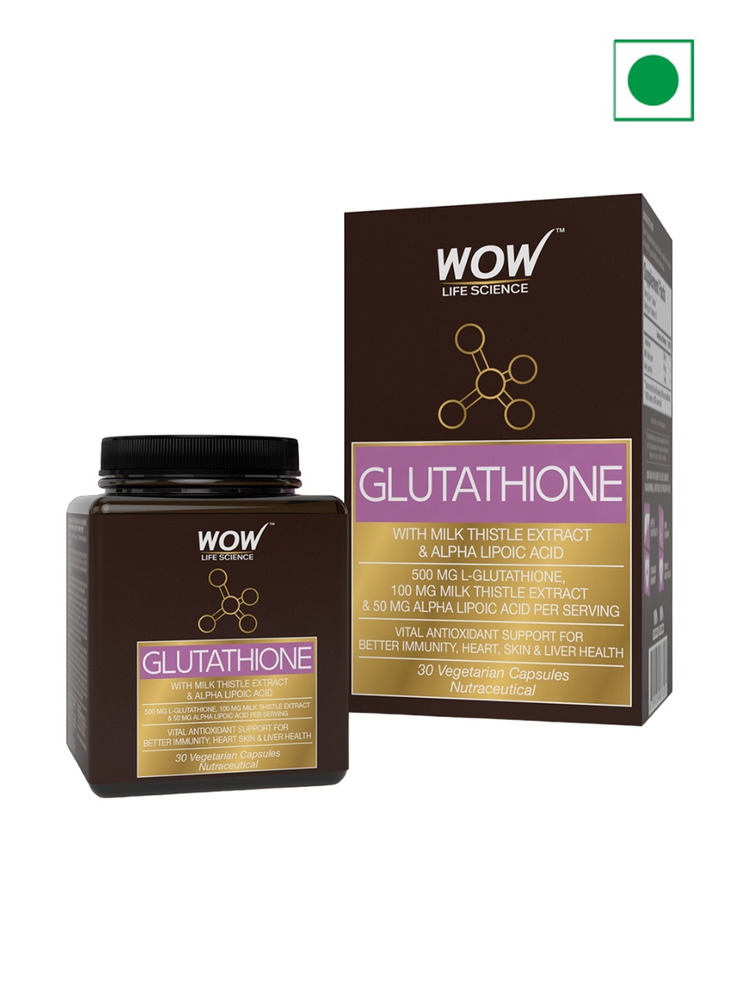 

WOW Life Science Glutathione Capsules With Milk Thistle Extract & Alpha Lipoic Acid- 30Pcs, Brown