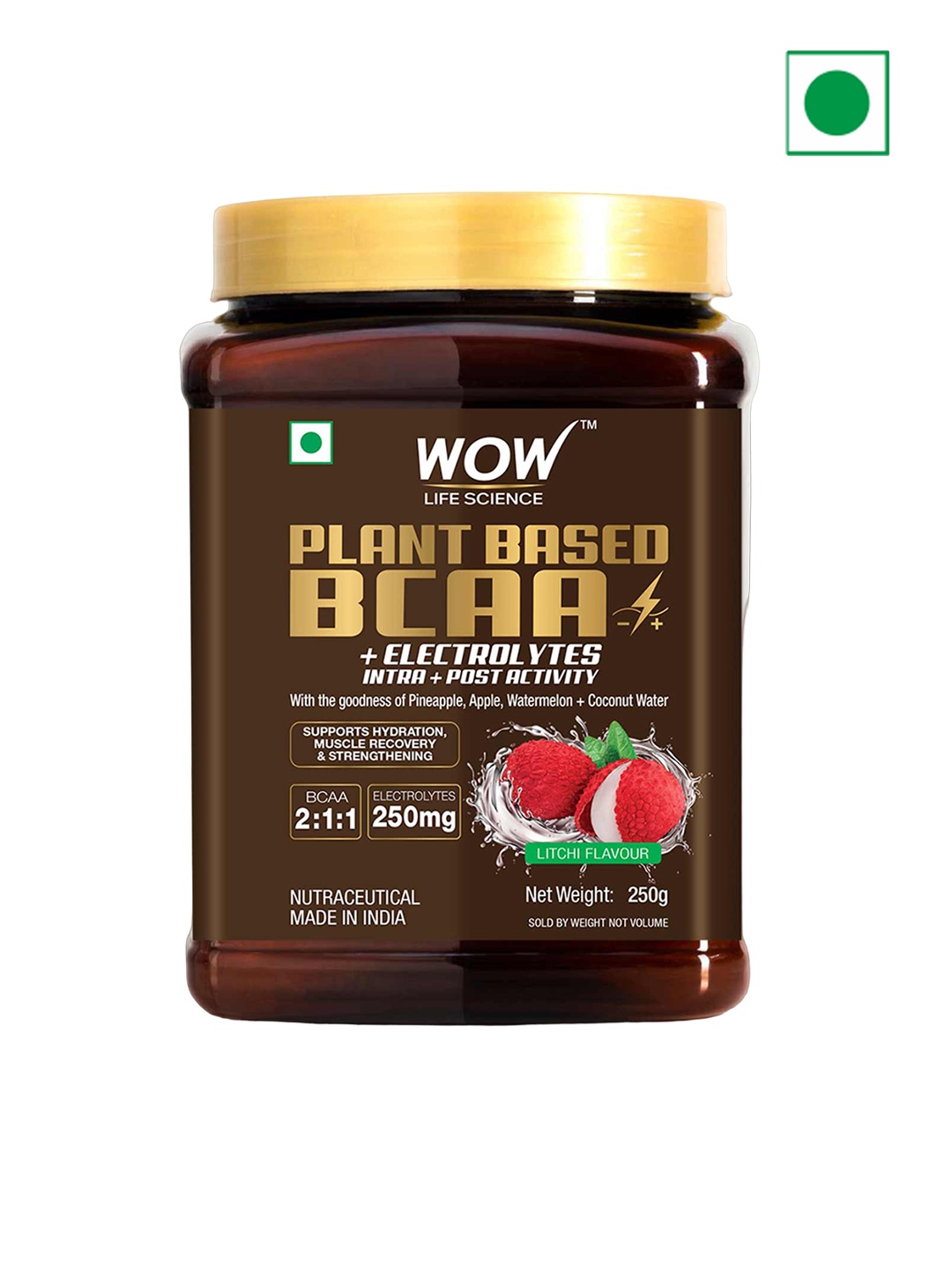 

WOW Life Science Plant Based BCAA + Electrolytes Litchi Flavour Supplement - 250g, Brown