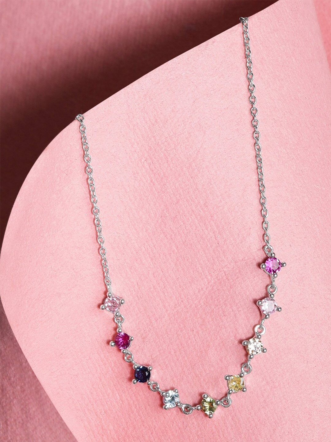 

Rubans Silver 925 Sterling Silver Rhodium-Plated CZ Studded Necklace