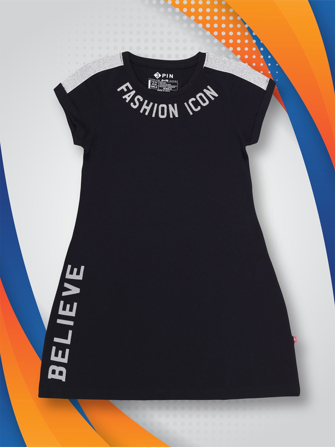 

3PIN Girls Typography Printed Cotton T-shirt Dress, Black