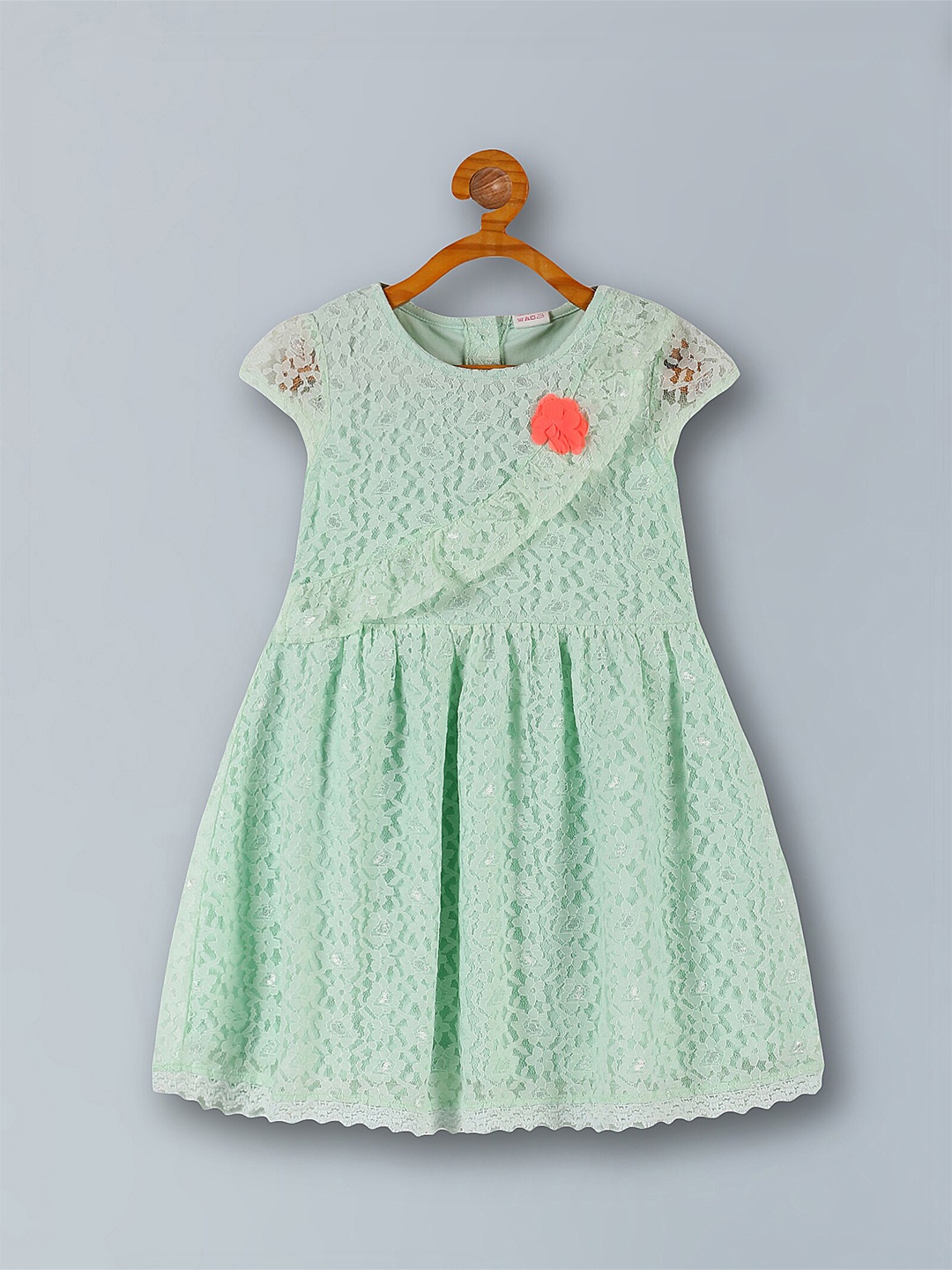 

3PIN Girls Self Design Round Neck Cap Sleeves Ruffles Cotton Casual Fit & Flare Dress, Green