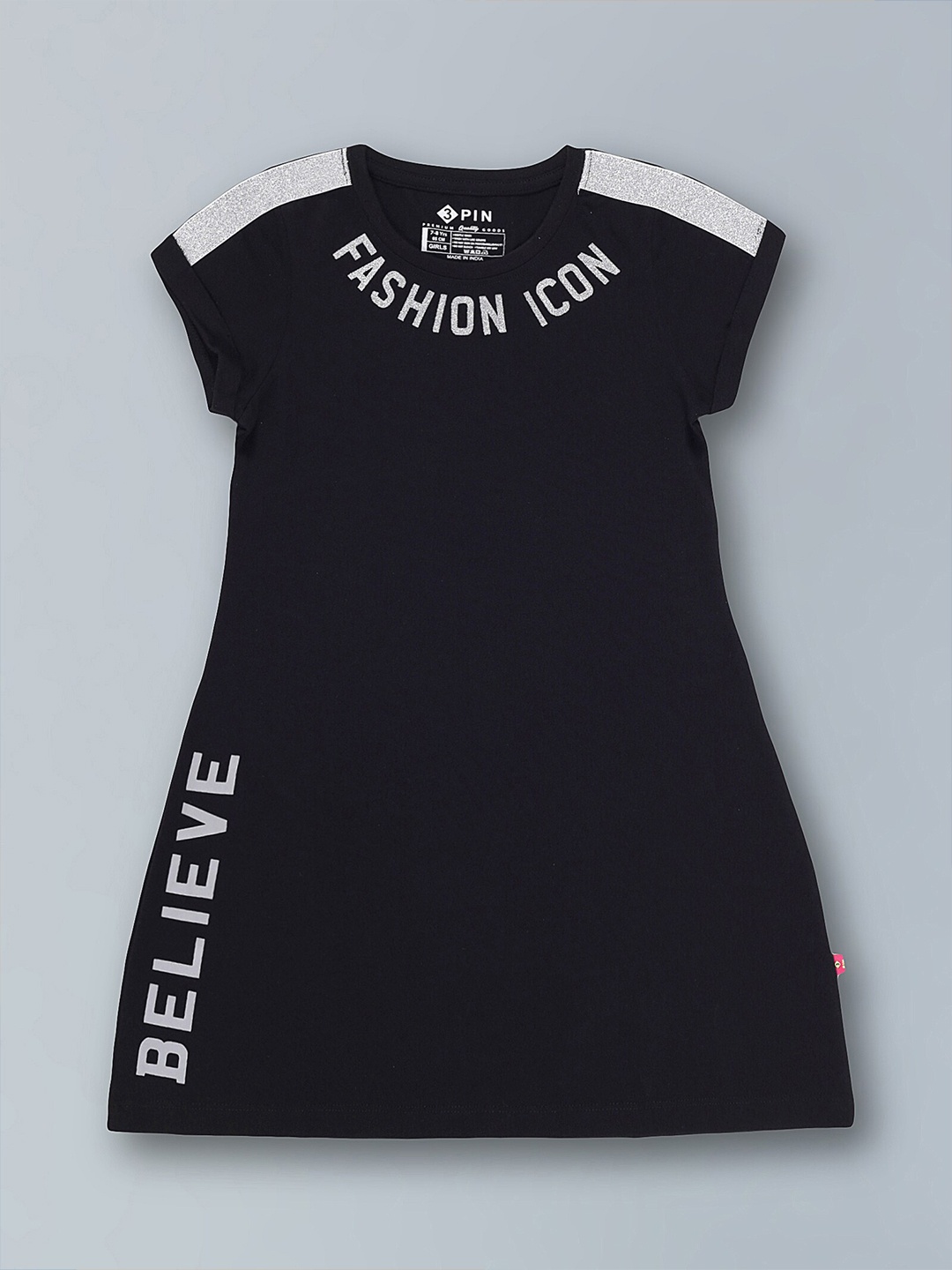 

3PIN Girls Typography Printed T-Shirt Dress, Black