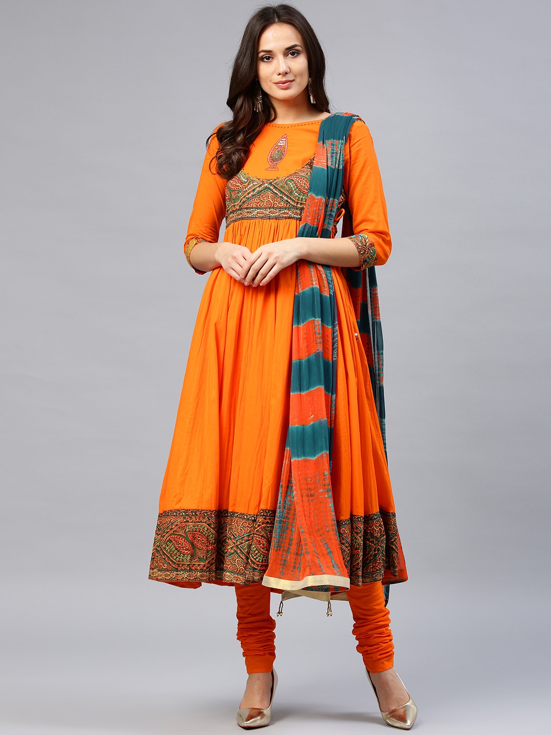 

Rain & Rainbow Women Orange Yoke Design Kurta with Churidar & Dupatta