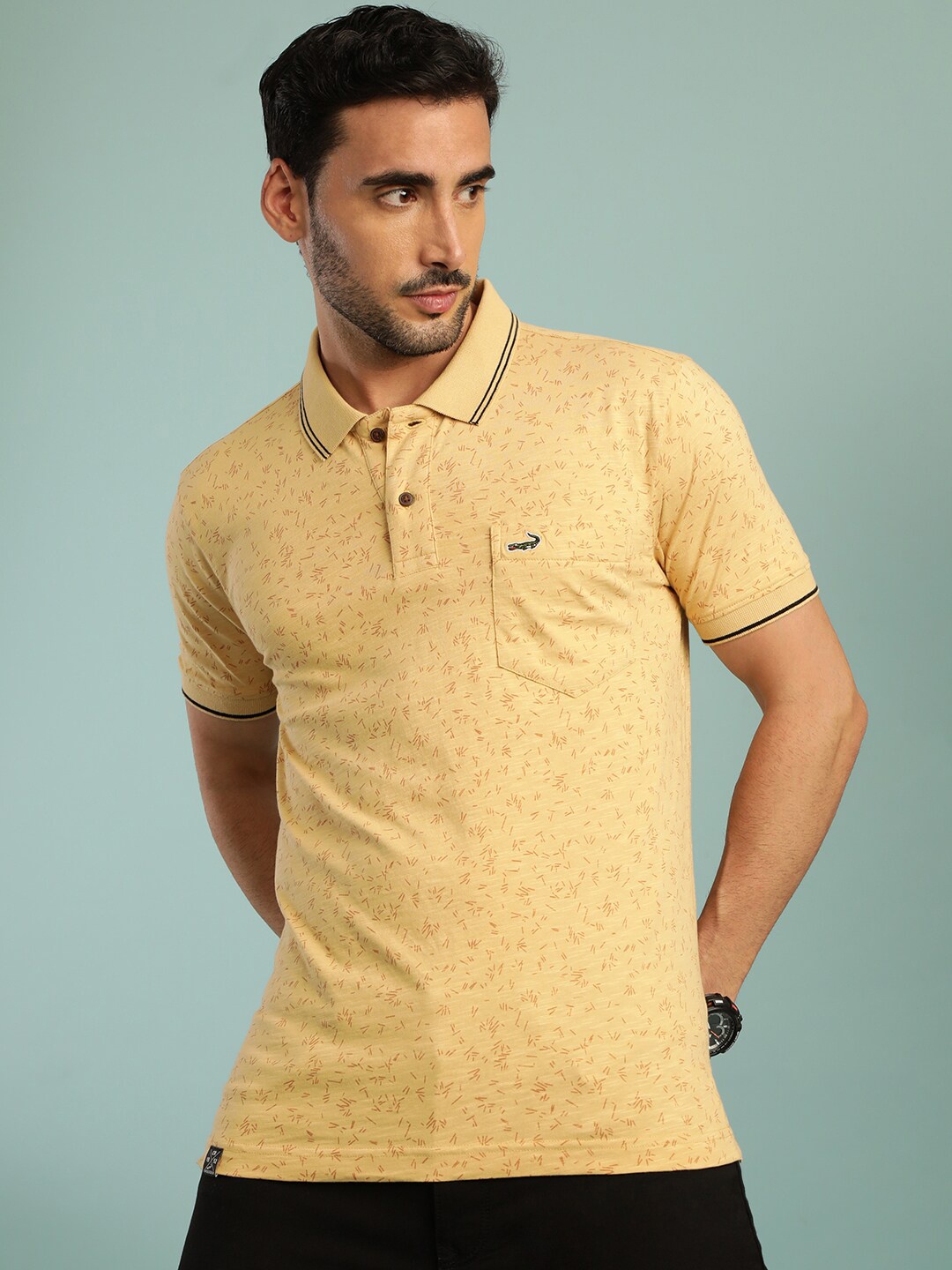 

Crocodile Geometric Printed Polo Collar Slim Fit Cotton T-shirt, Yellow