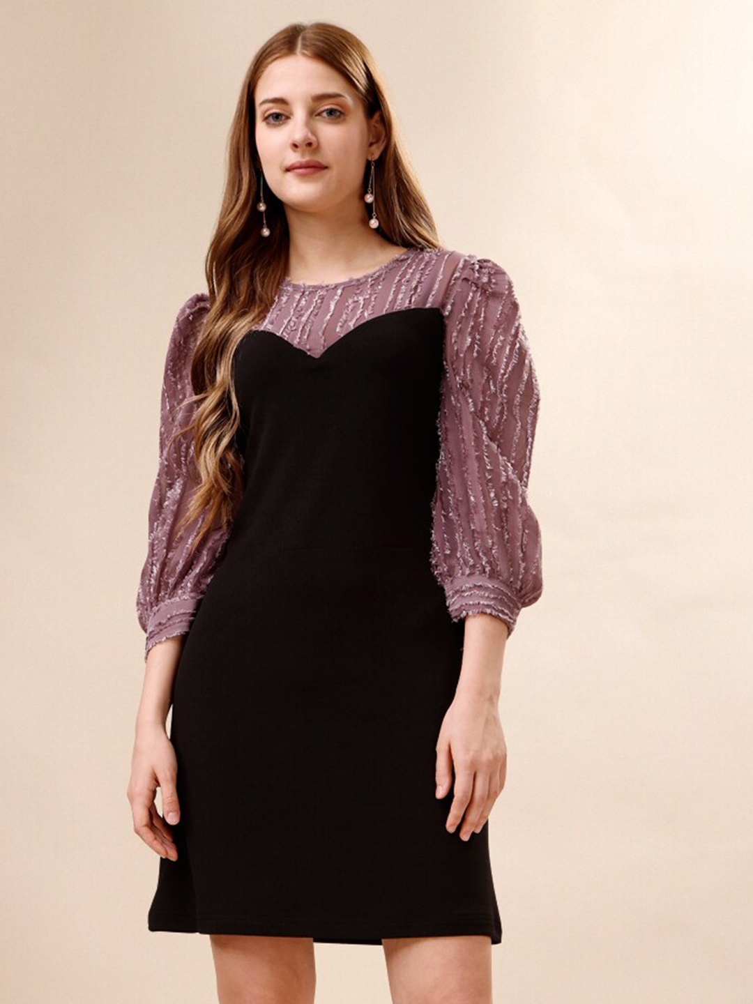 

Prettify Puff Sleeves Georgette Sheath Dress, Black