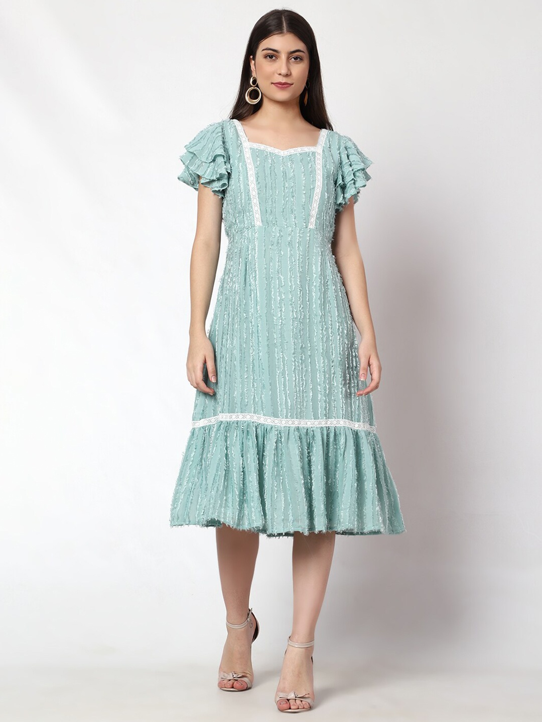 

Prettify Self Design Flutter Sleeves Georgette A-Line Midi Dress, Sea green