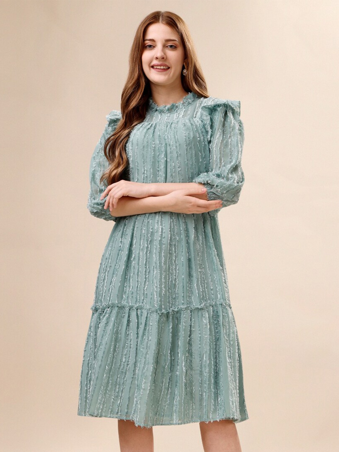 

Prettify Self Designed High Neck Ruffles Detailed Georgette A-Line Dress, Sea green