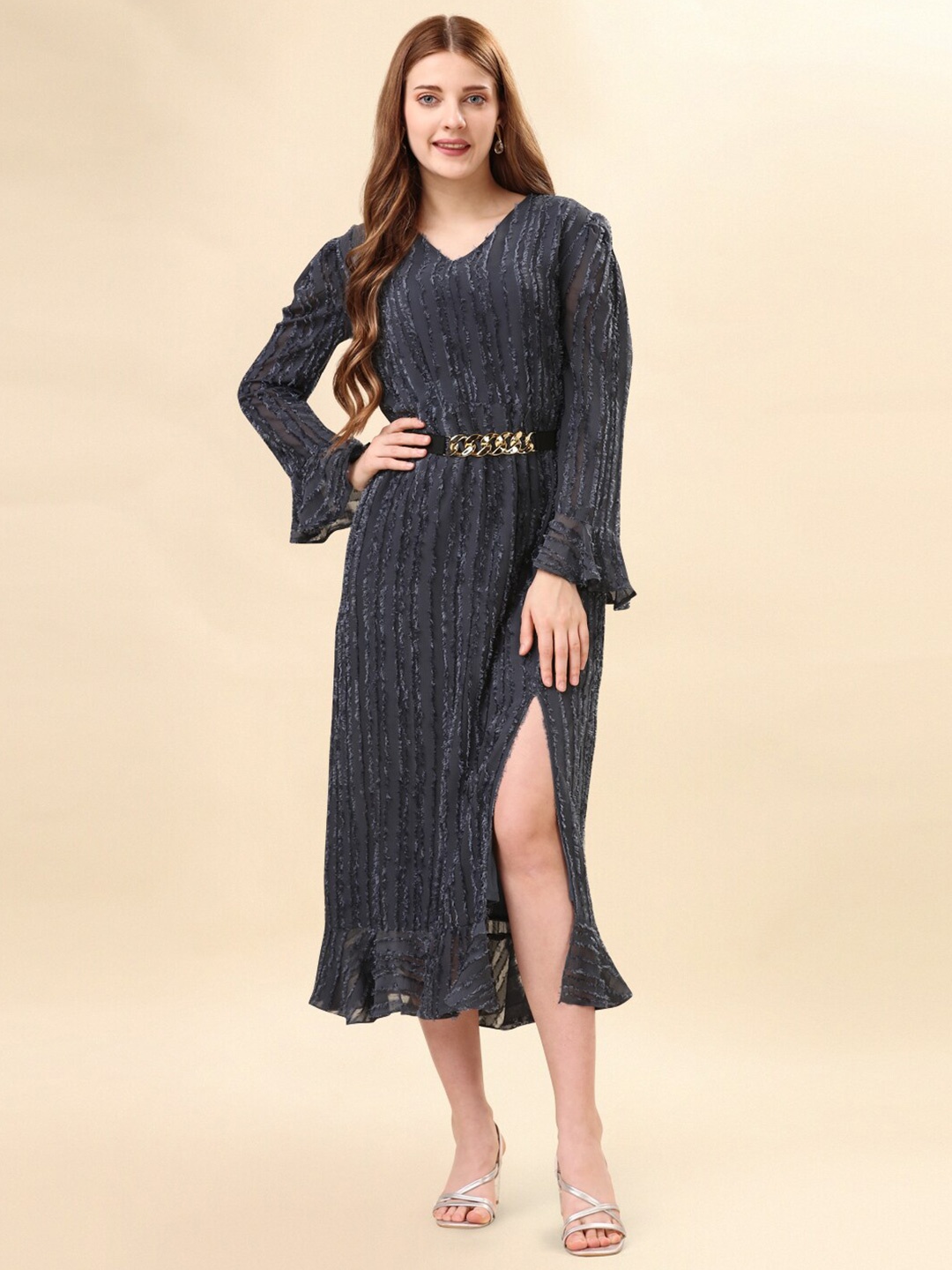 

Prettify Self Designed V-Neck Georgette A-Line Midi Dress, Grey