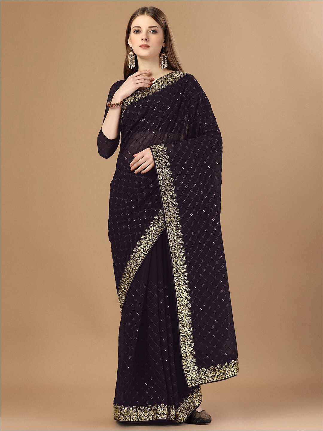 

VAIRAGEE Floral Embroidered Sequinned Poly Georgette Saree, Black