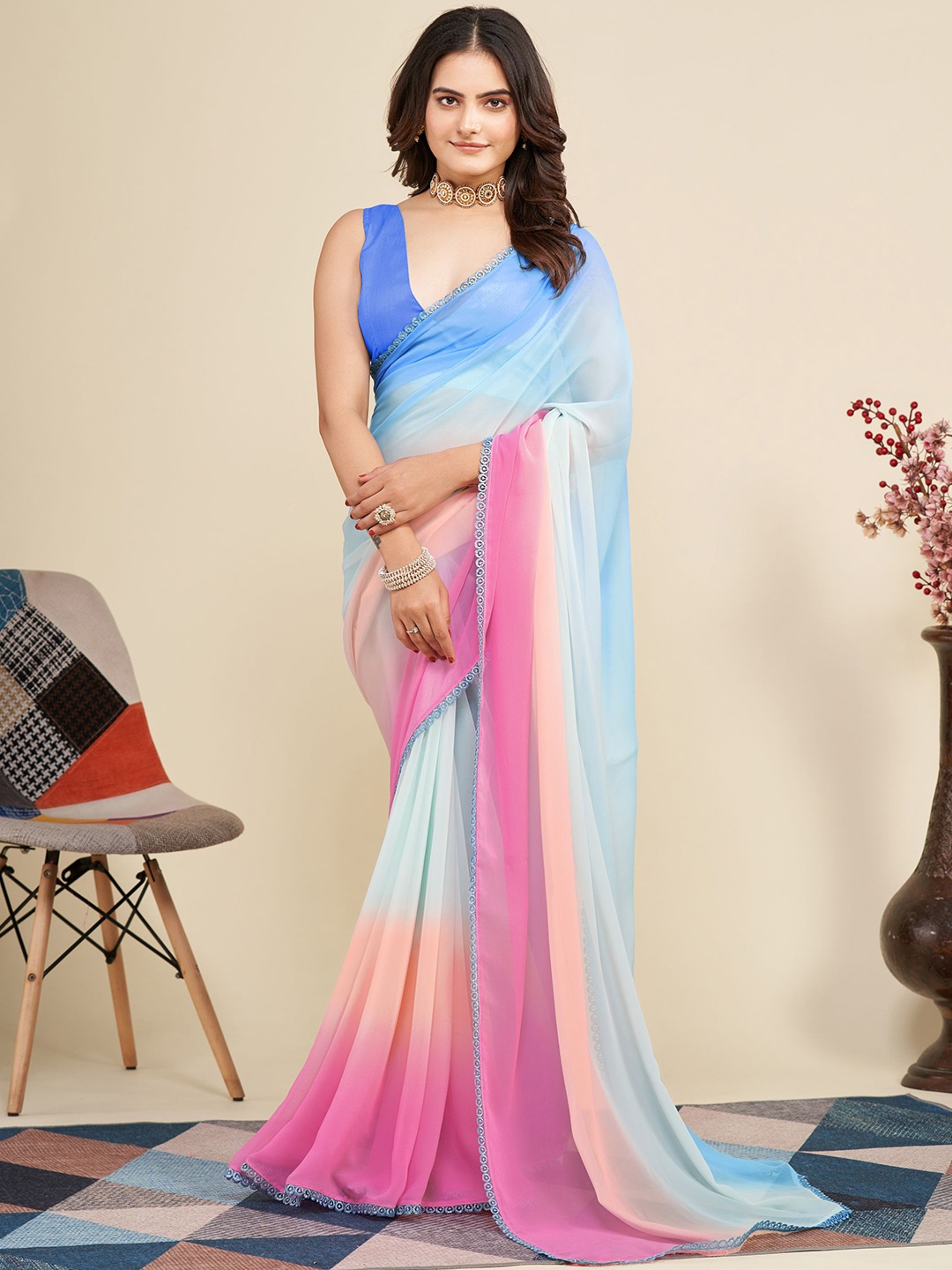 

VAIRAGEE Ombre Poly Georgette Saree, Blue