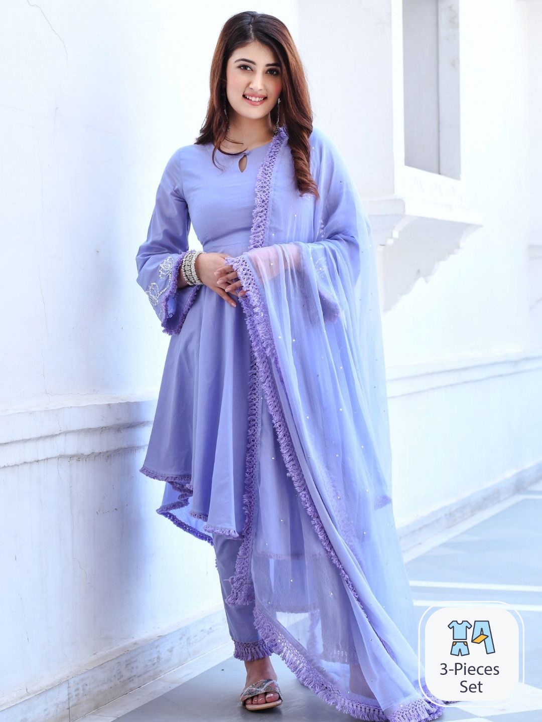 

Urbanstree Keyhole Neck Flared Sleeve Anarkali Sequinned Cotton Kurta Set With Dupatta, Lavender