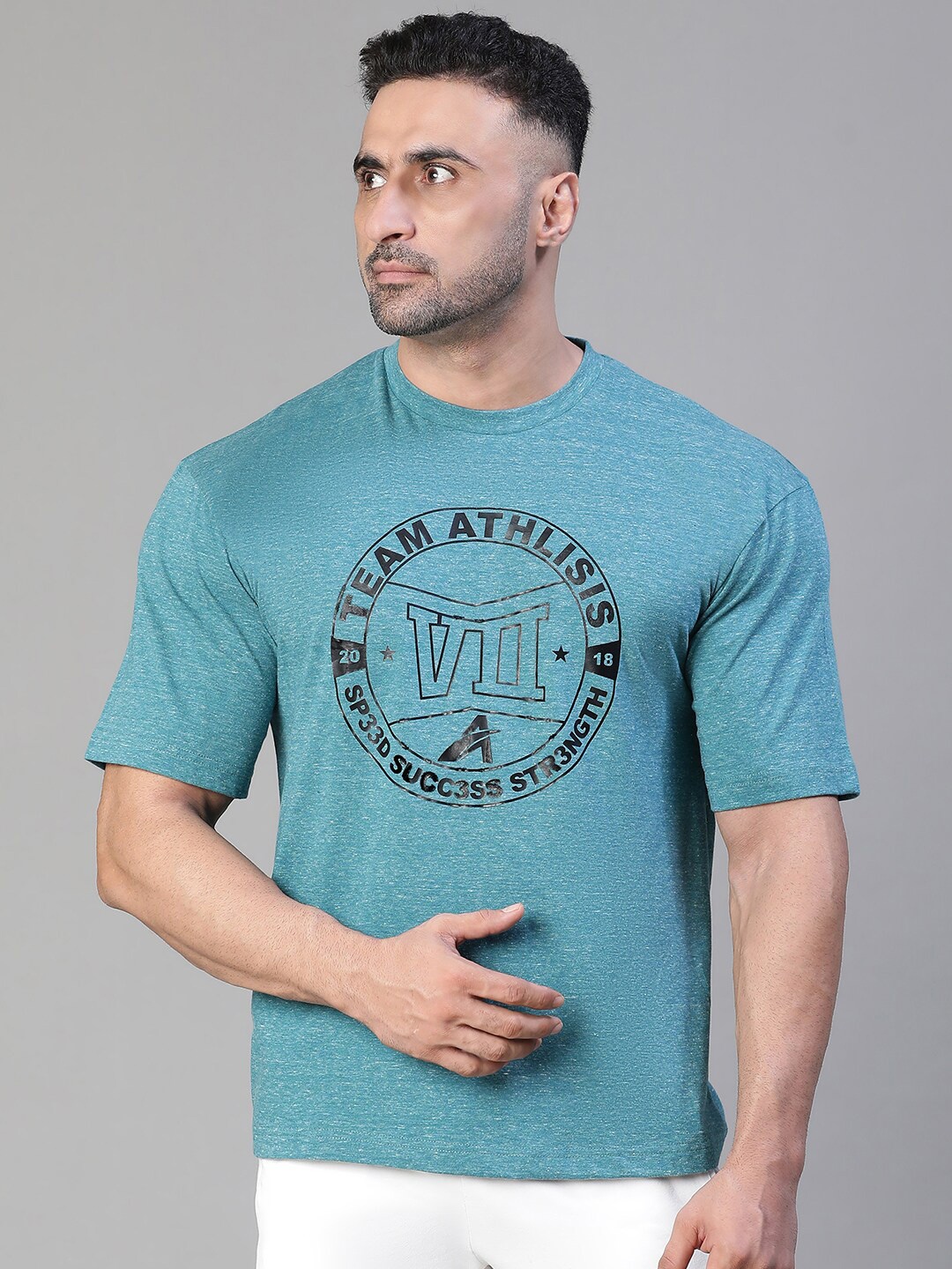 ATHLISIS Typography Printed Bio Finish Oversized Cotton T-shirt, Teal
