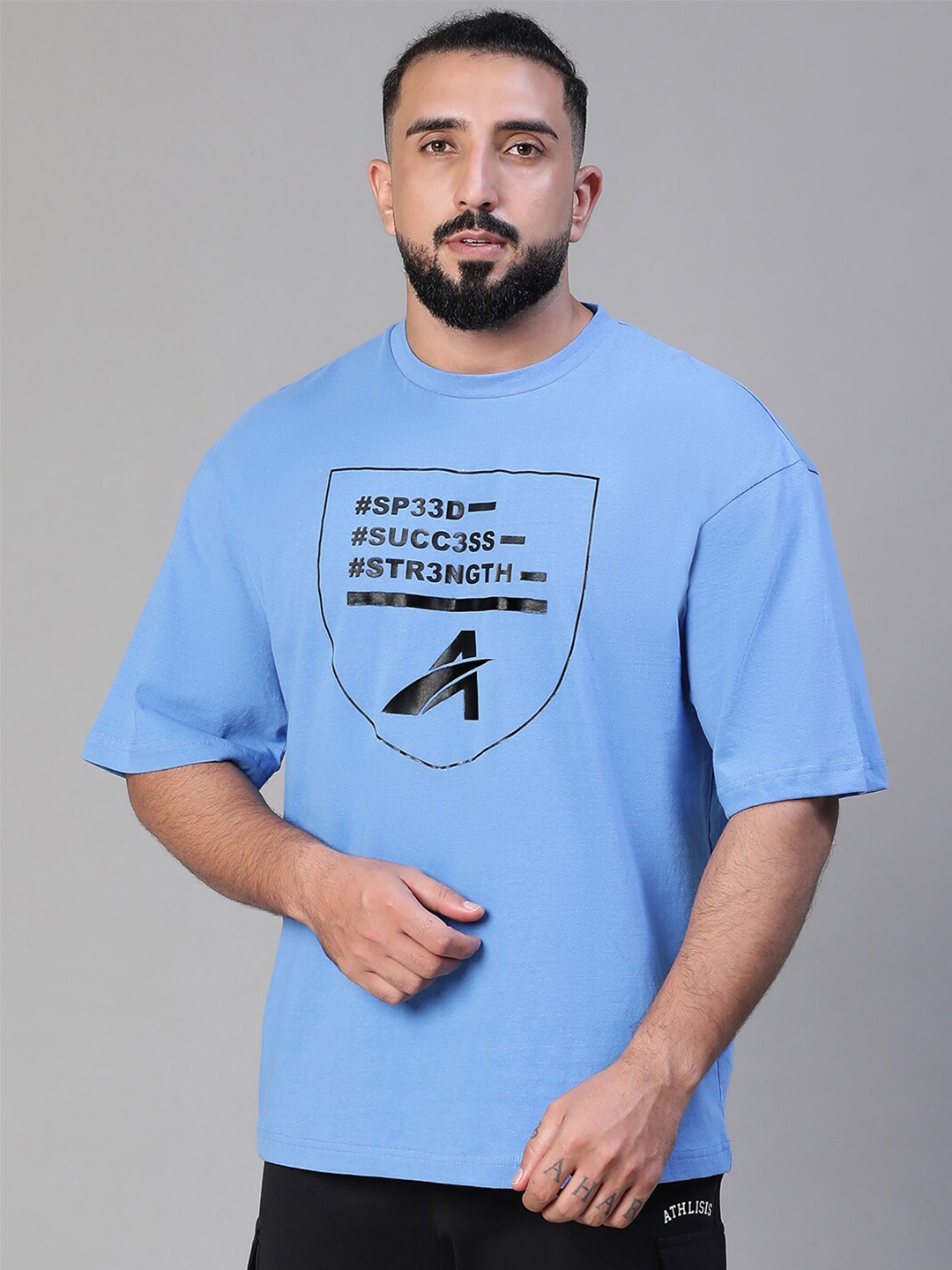 

ATHLISIS Typography Printed Bio Finish Oversized Cotton T-shirt, Blue