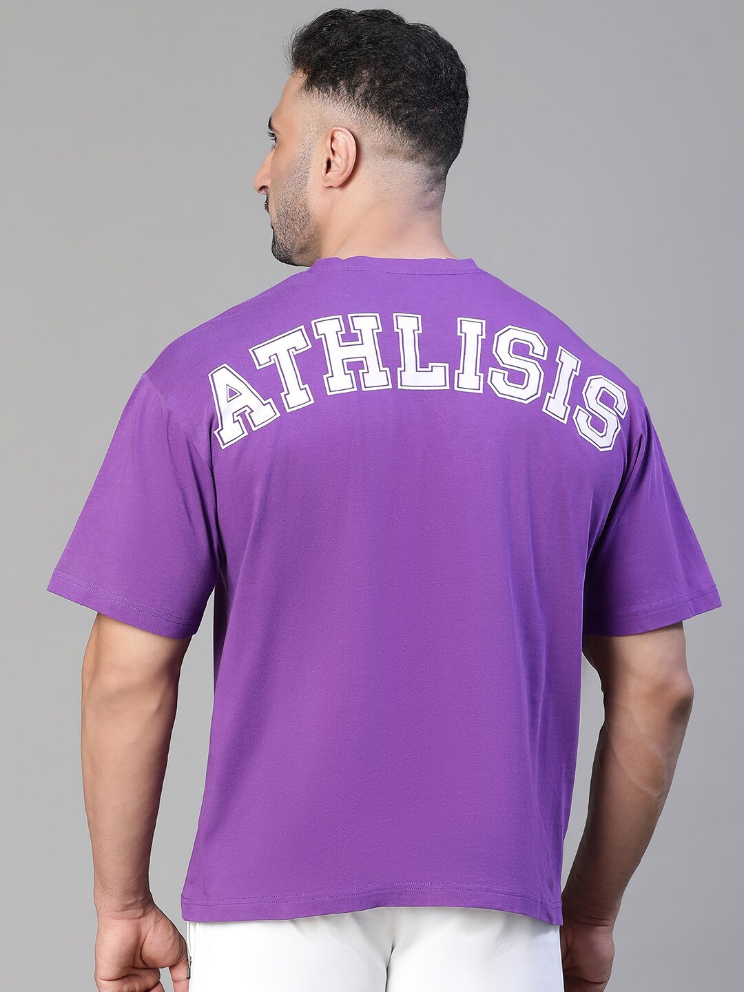 

ATHLISIS Typography Printed Bio Finish Oversized Cotton T-shirt, Purple