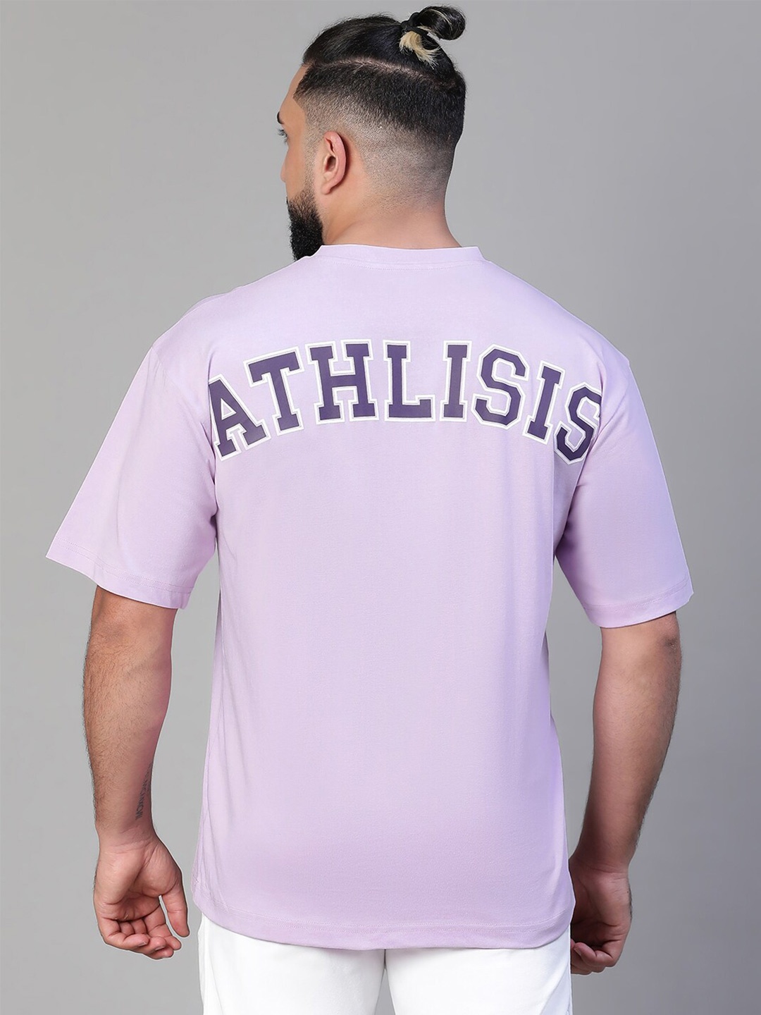 

ATHLISIS Typography Printed Bio Finish Oversized Cotton T-shirt, Lavender