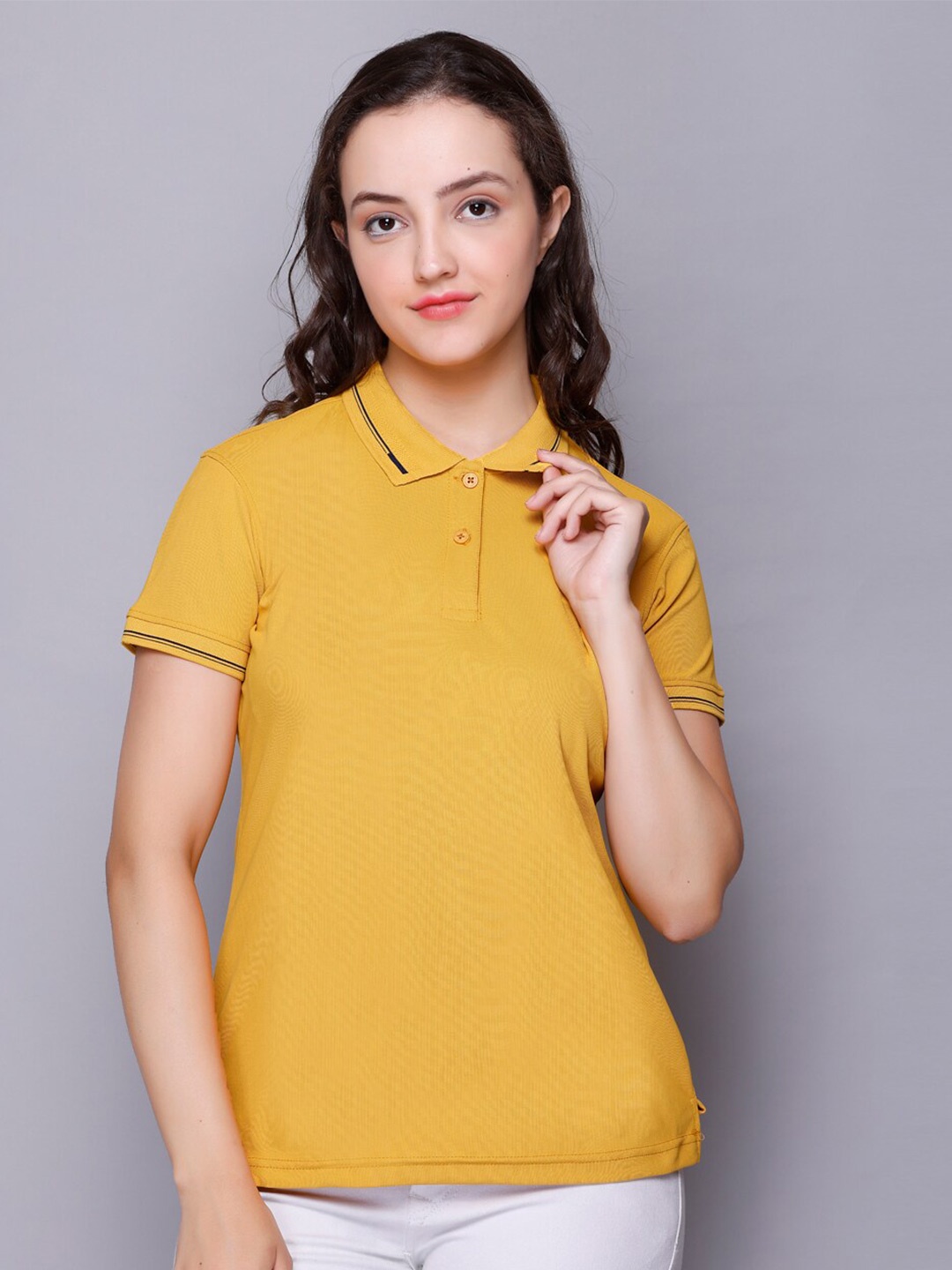 

ELPIDA Polo Collar Casual Cotton T-shirt, Mustard