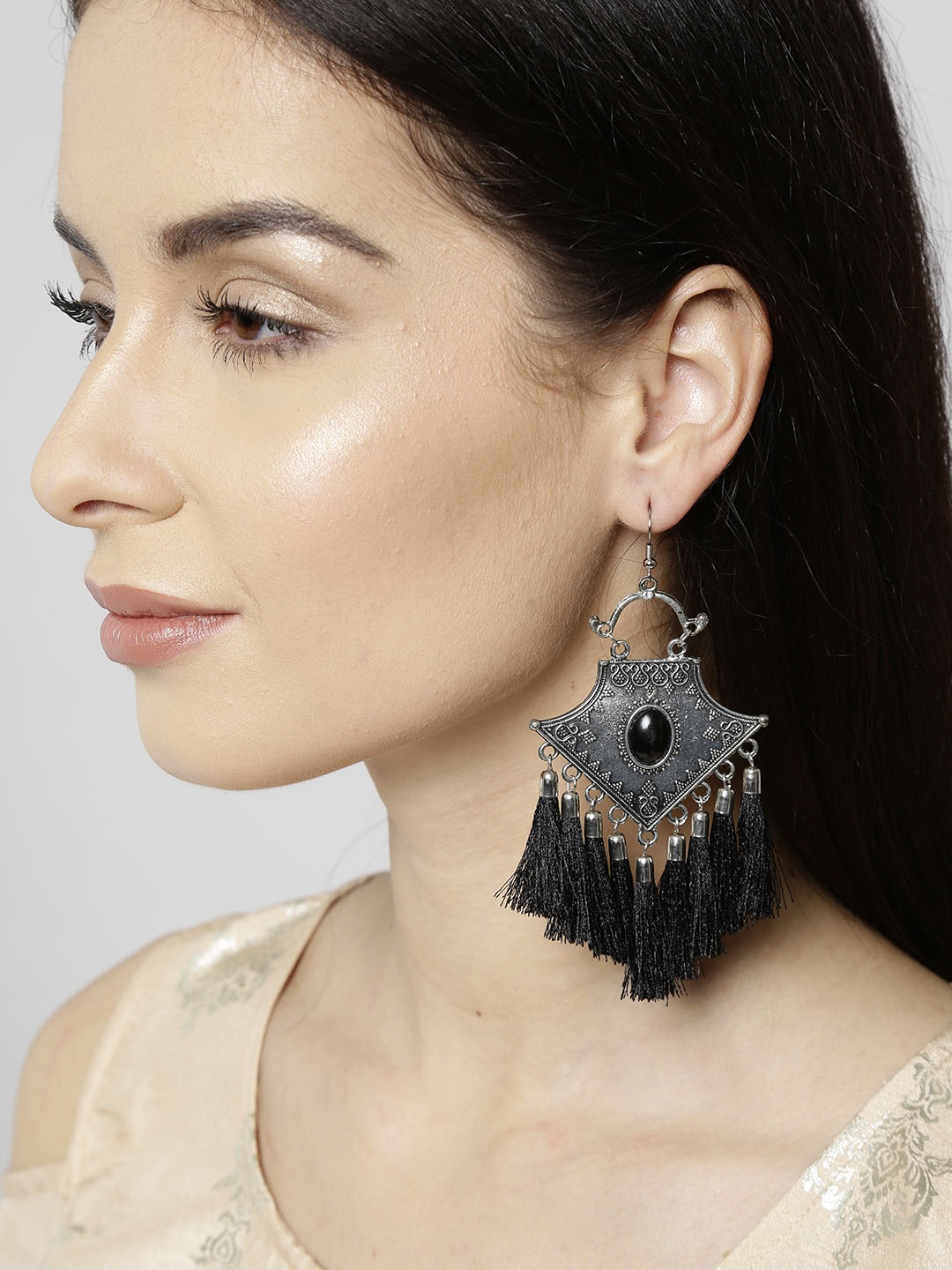 

Infuzze Oxidised Silver-Toned & Black Tasselled Drop Earrings