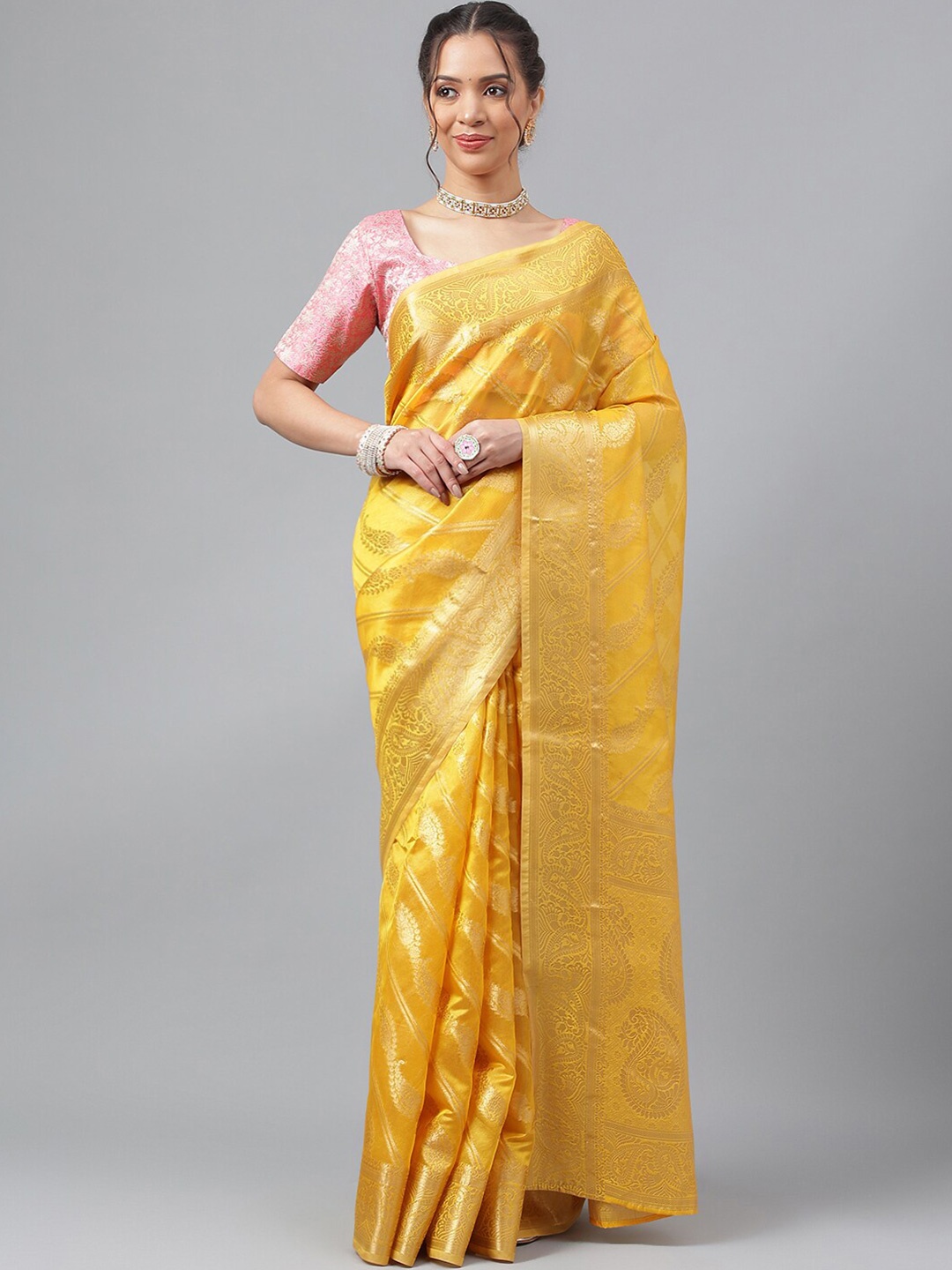 

WEAVETECH IMPEX Ethnic Motifs Woven Design Zari Organza Kanjeevaram Saree, Gold