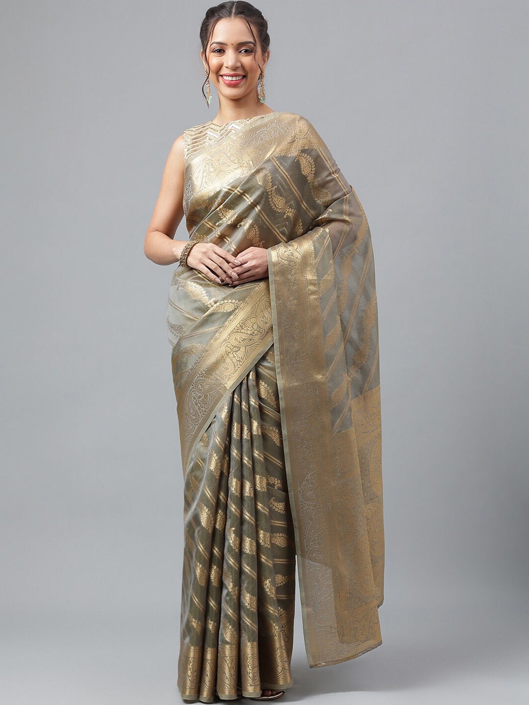 

WEAVETECH IMPEX Ethnic Motifs Woven Design Zari Organza Kanjeevaram Saree, Grey